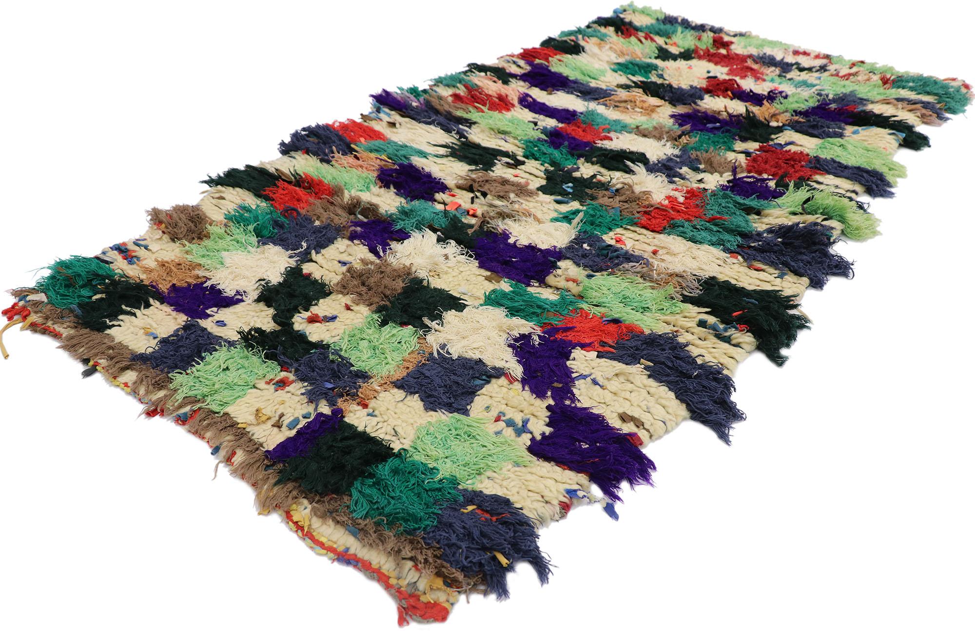 21537 Vintage Berber Moroccan Boucherouite Rug with Modern Cubist Style 02'08 x 05'07. Showcasing a bold expressive design, incredible detail and texture, this hand knotted cotton and wool vintage Berber Moroccan Boucherouite rug is a captivating