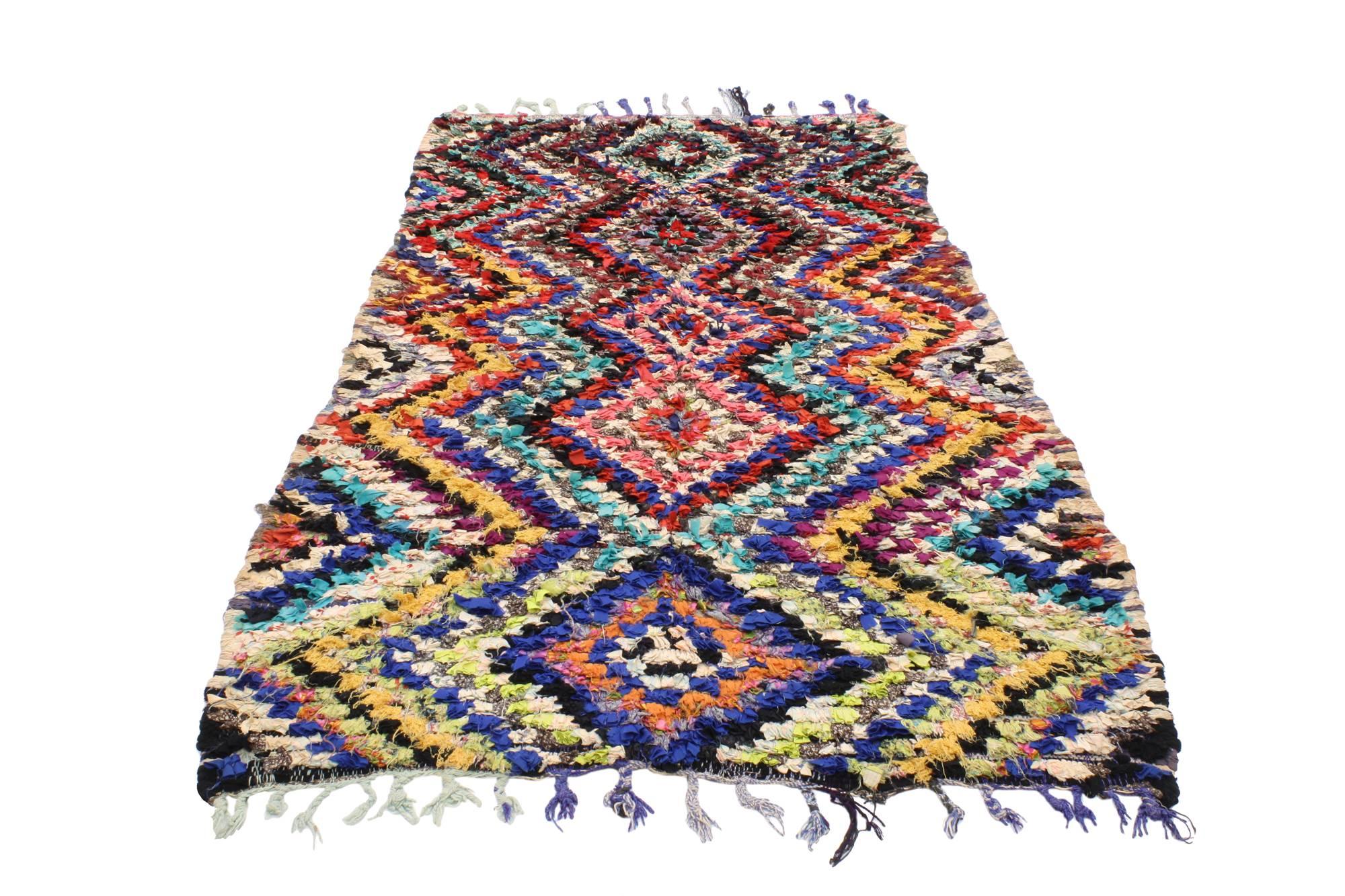 20481, vintage Berber Moroccan Boucherouite rug. The tribal style and colorful hues found in this vintage Berber Moroccan Boucherouite rug communicate fresh and chic style. This vintage Moroccan rug encapsulates the resonant heritage and stirring