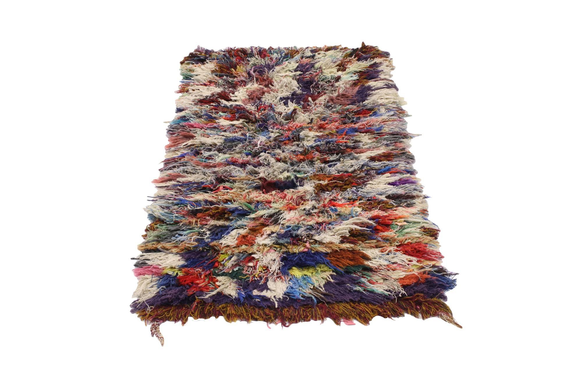 20501, vintage Berber Moroccan Boucherouite rug, shag accent rug. Infuse wanderlust and tribal style with this vintage Berber Moroccan Boucherouite rug. An array of colors unite creating dimension and texture. This one of a kind rug is woven