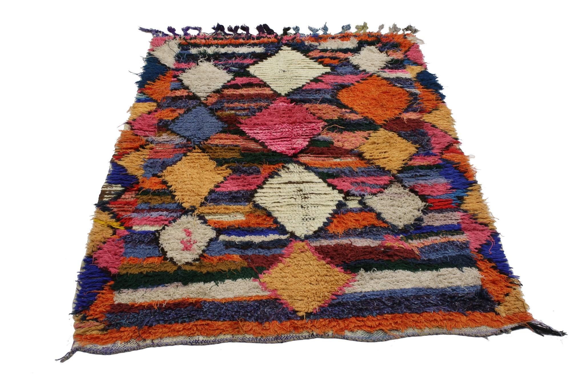 20505, vintage Berber Moroccan Boucherouite rug, Shag Accent rug. Vivacious shades of the colors woven into this vintage Berber Moroccan Boucherouite rug work together to create a truly vibrant and life-giving feel. The tribal pattern and vibrant