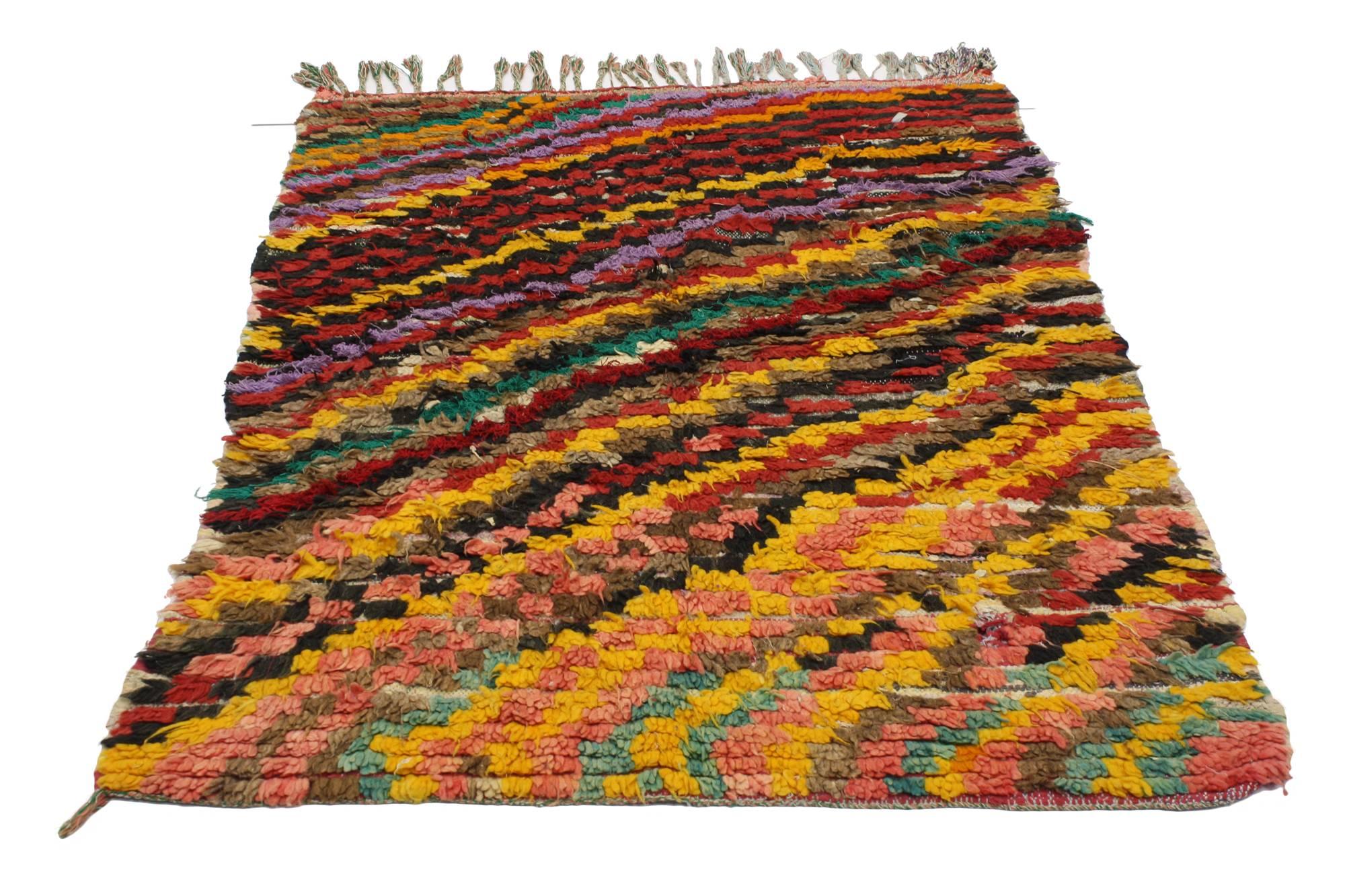 20507, vintage Berber Moroccan Boucherouite rug, Shag Accent rug. This colorful vintage Berber Moroccan Boucherouite rug features an all-over rod pattern. The rods unite to form diagonal lines and create a truly unique look. In ancient Berber