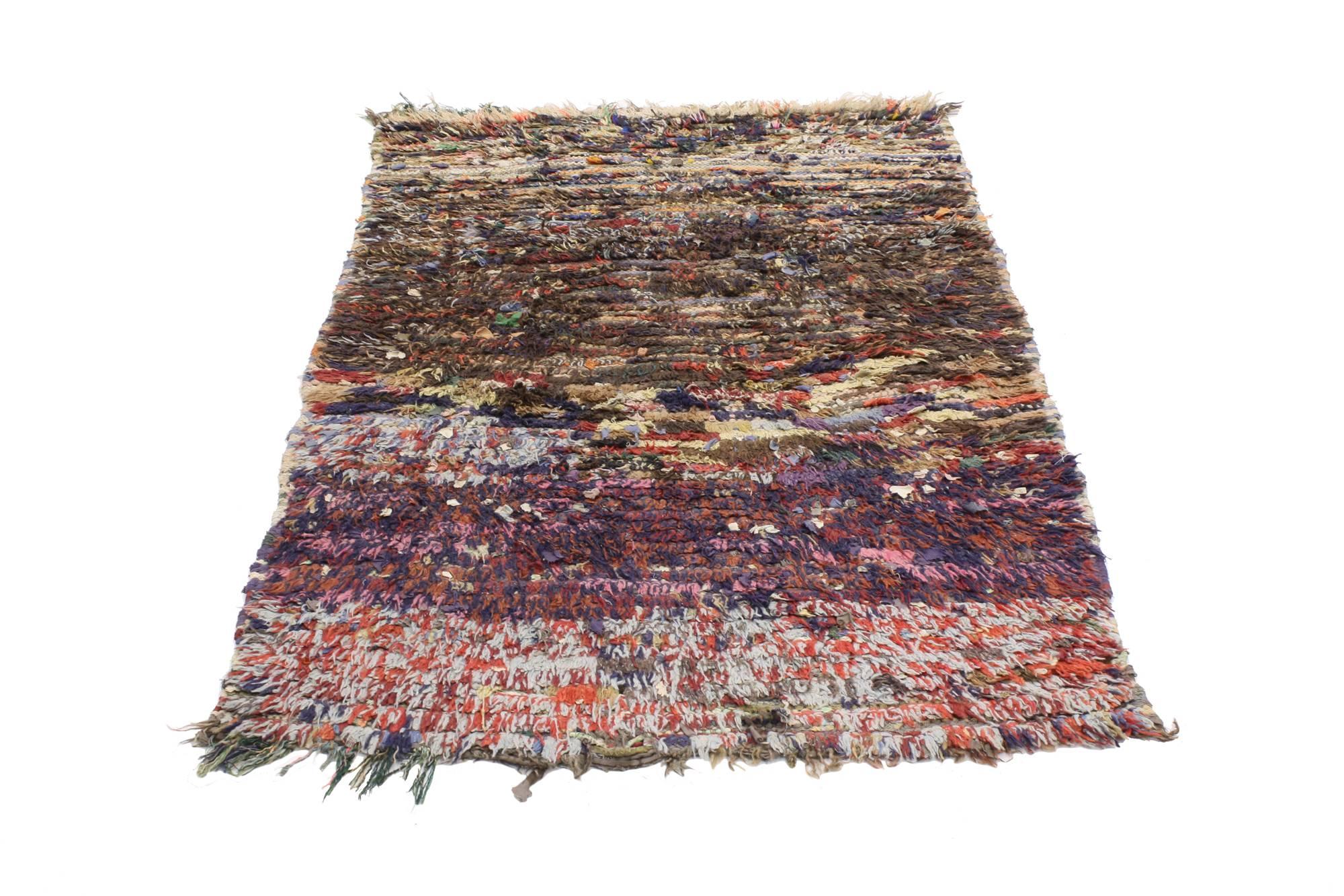 20513, vintage Berber Moroccan Boucherouite rug, Shag Accent rug. Stark hues of the colors woven into this piece work together to create a truly unique look. The diversely variegated color rods and dashes conjure the tribal feeling of Moroccan