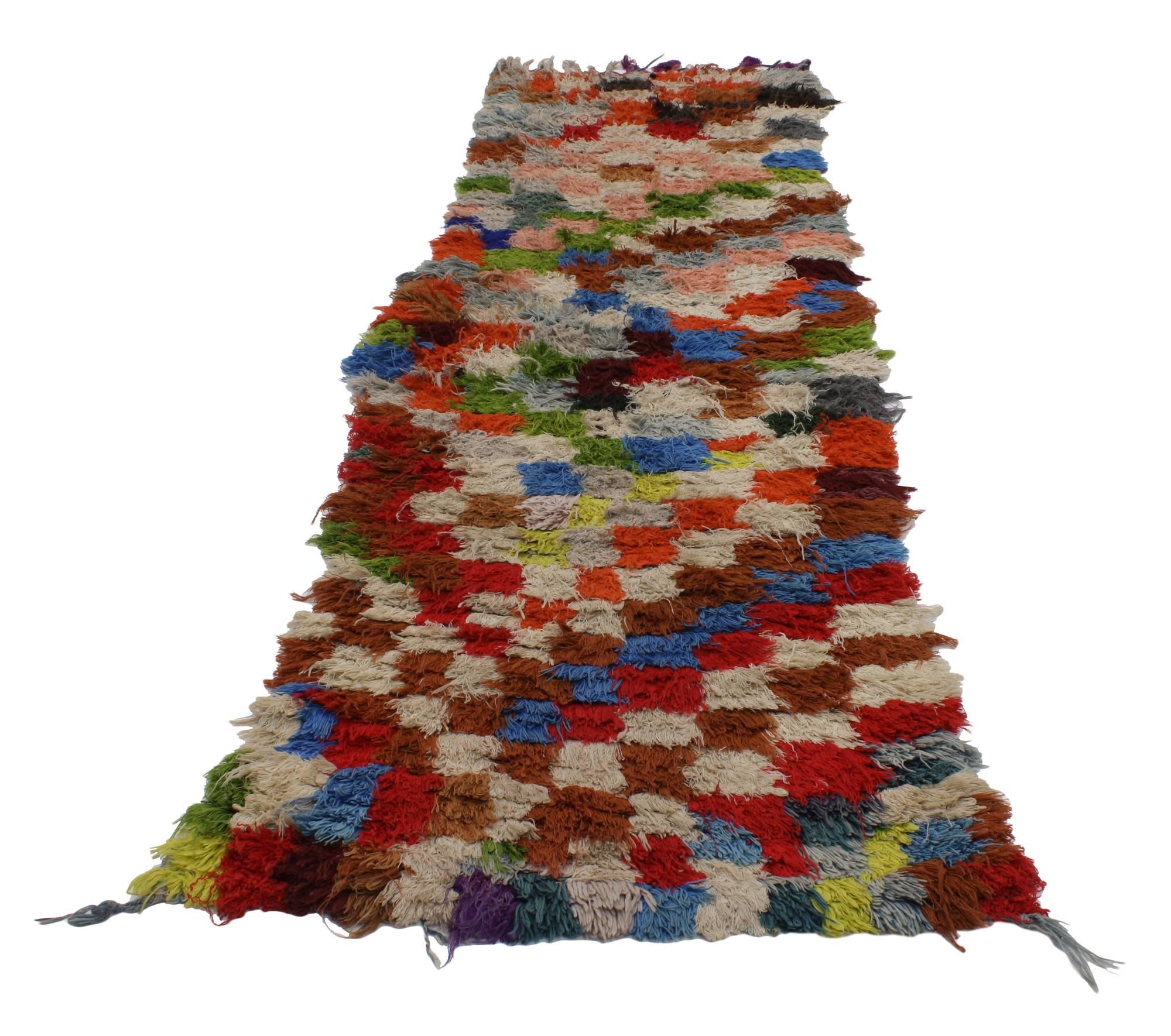 20440, Vintage Berber Moroccan Boucherouite Runner, Moroccan Shag Hallway Runner 02'05 x 07'04. This colorful vintage Berber Moroccan Boucherouite runner features an all-over square pattern. The squares unite to form a truly unique look. Squares