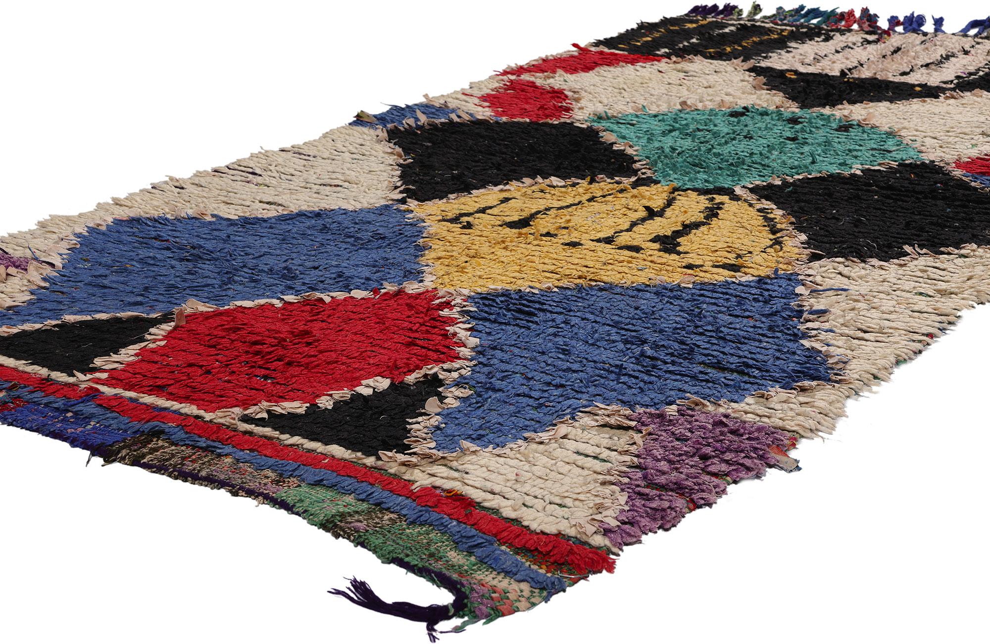 74811 Vintage Berber Moroccan Boucherouite Hallway Runner with Tribal Style 03'08 x 07'09. with its bold colors and graphic appeal, this hand-knotted vintage Berber Moroccan Boucherouite runner beautifully showcases the creative and authentic spirit