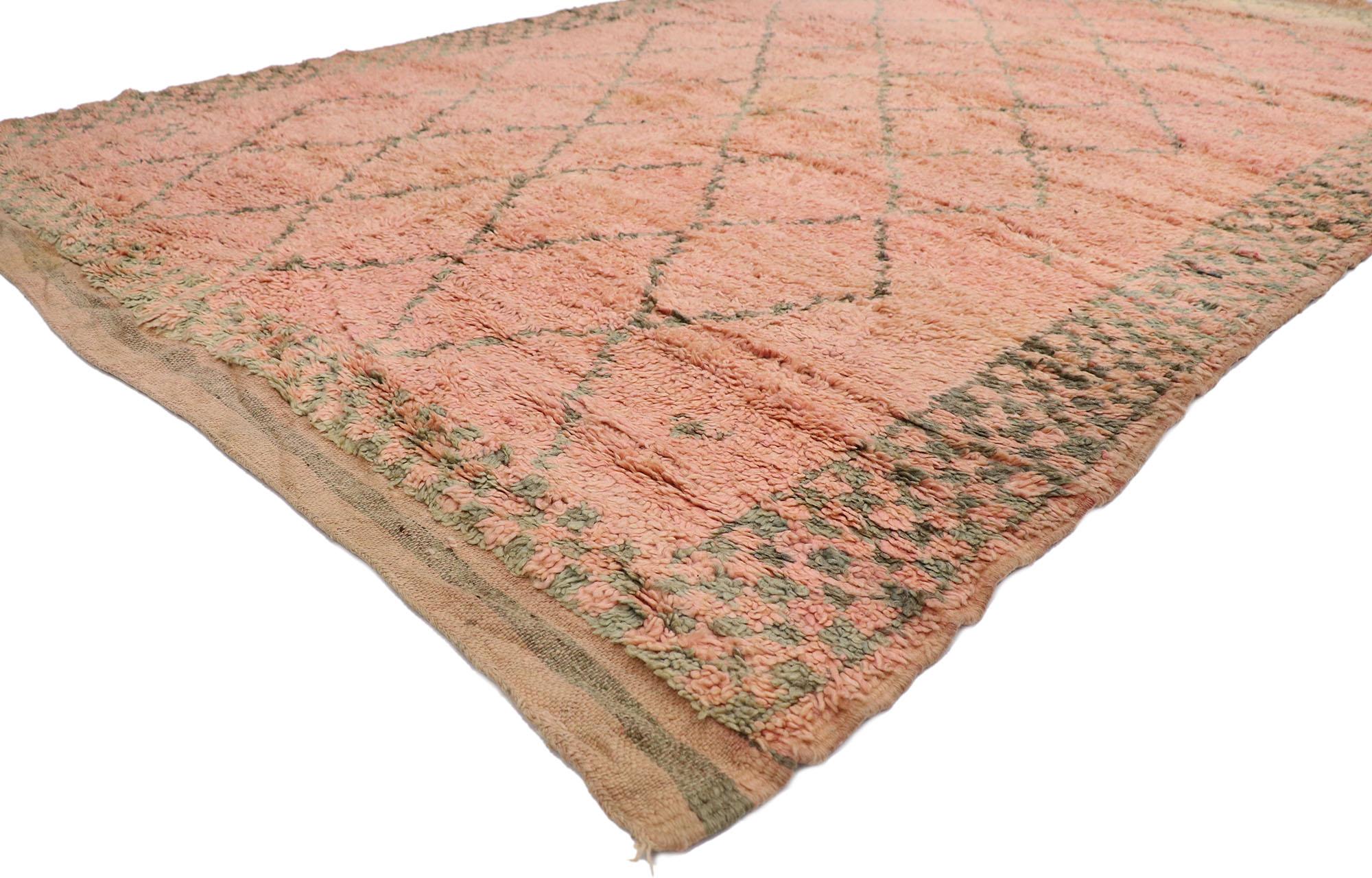 21247 Vintage Berber Moroccan Boujad rug with Bohemian Style 06'03 x 10'01. With its soft colors and diamond lattice, this hand-knotted wool vintage Berber Boujad Moroccan rug beautifully embodies the simplicity of modern Bohemian style. It features