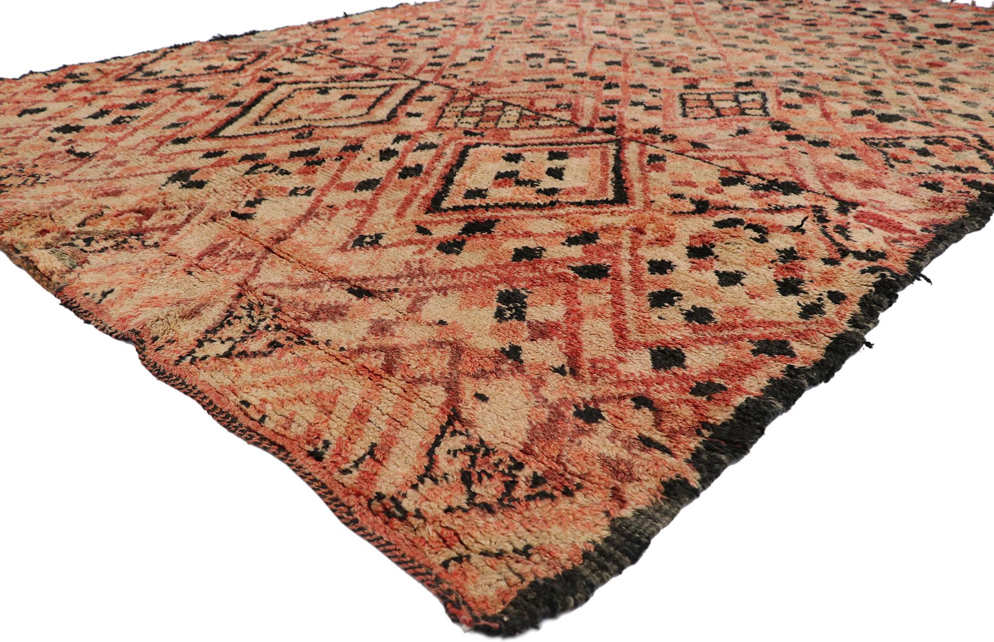 21265 Vintage Berber Moroccan Boujad rug with Bohemian Style 06'08 x 10'05. Warm and inviting, this hand-knotted wool vintage Berber Boujad Moroccan rug is a captivating vision of woven beauty. The eye-catching diamond pattern and faded colors woven