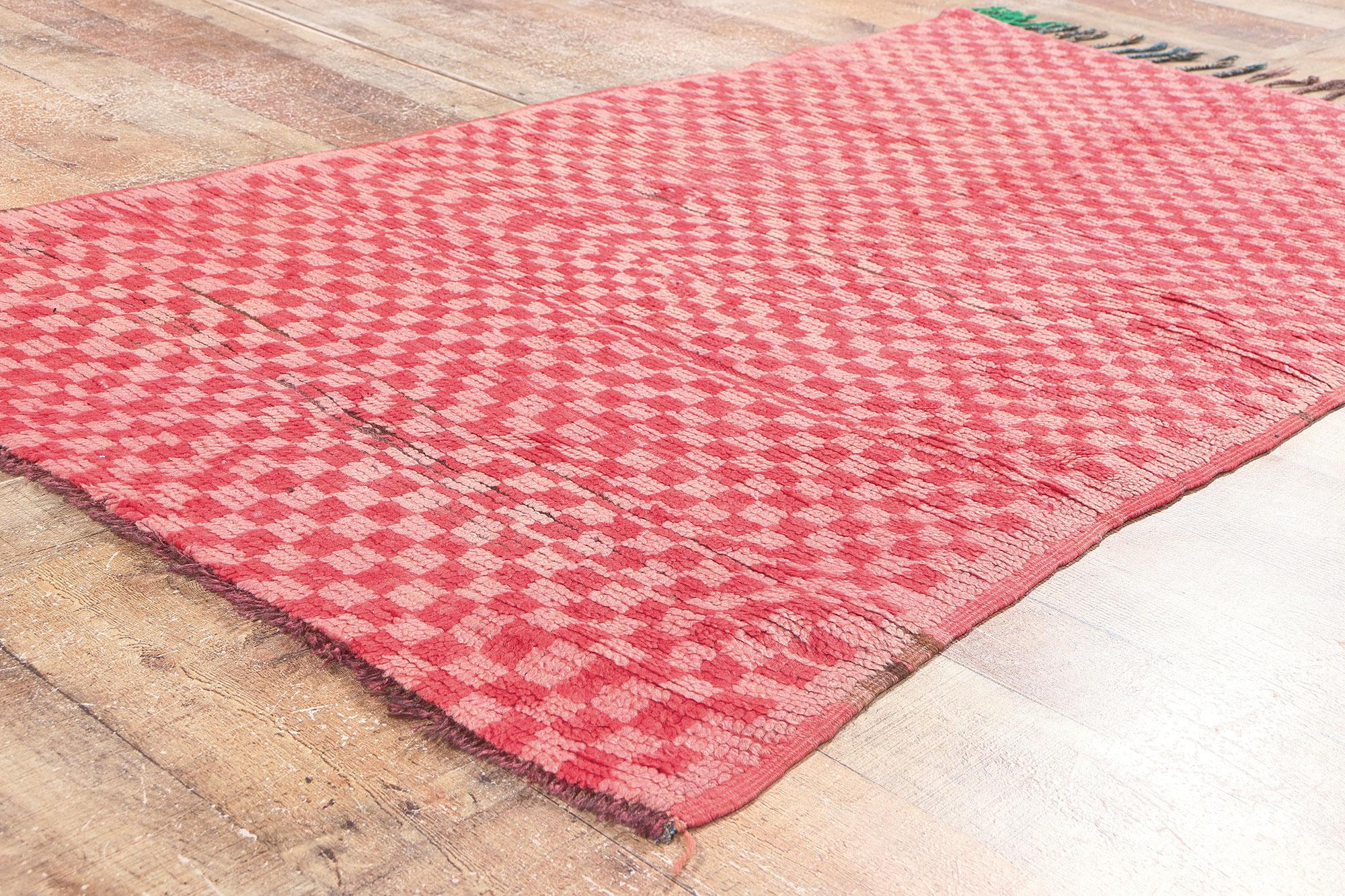 Vintage Boujad Checkered Moroccan Rug, Boho Chic Meets Midcentury Elegance In Good Condition For Sale In Dallas, TX
