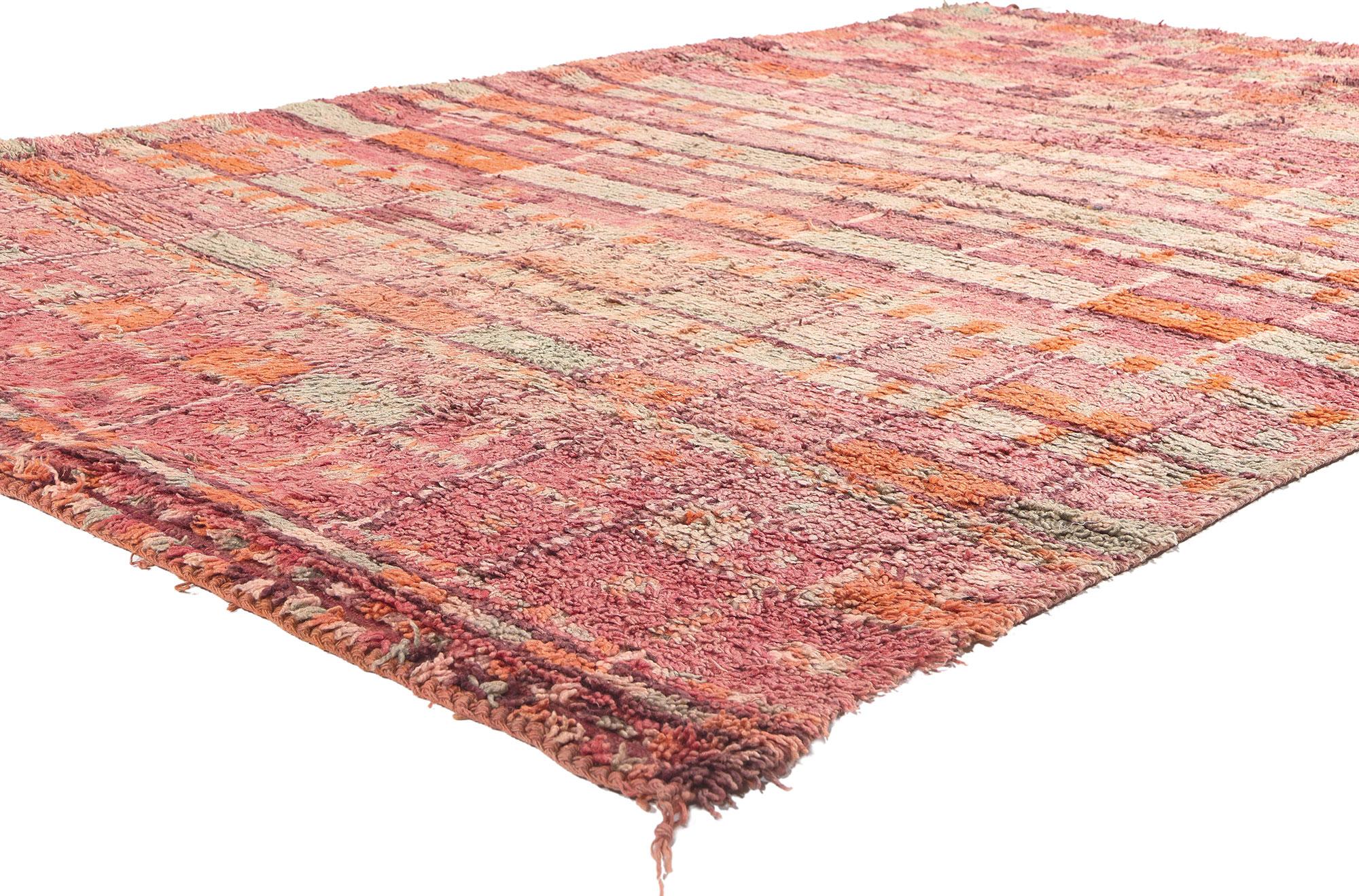 20366 Vintage Rehamna Moroccan Rug, 05'11 x 09'00. 
Experience the fusion of Cubist flair and Southwest boho chic in this meticulously hand-knotted wool vintage Rehamna Moroccan rug. The checkerboard design and an array of pastel hues woven into the