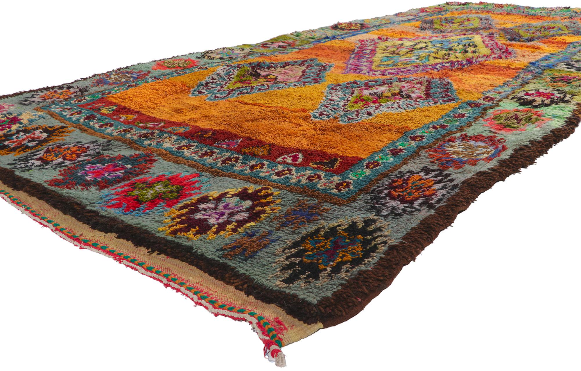 21672 vintage Berber Moroccan Boujad rug, 06'00 x 13'04. Showcasing a bold expressive design, incredible detail and texture, this hand knotted wool vintage Berber Moroccan Boujad rug is a captivating vision of woven beauty. The eye-catching tribal