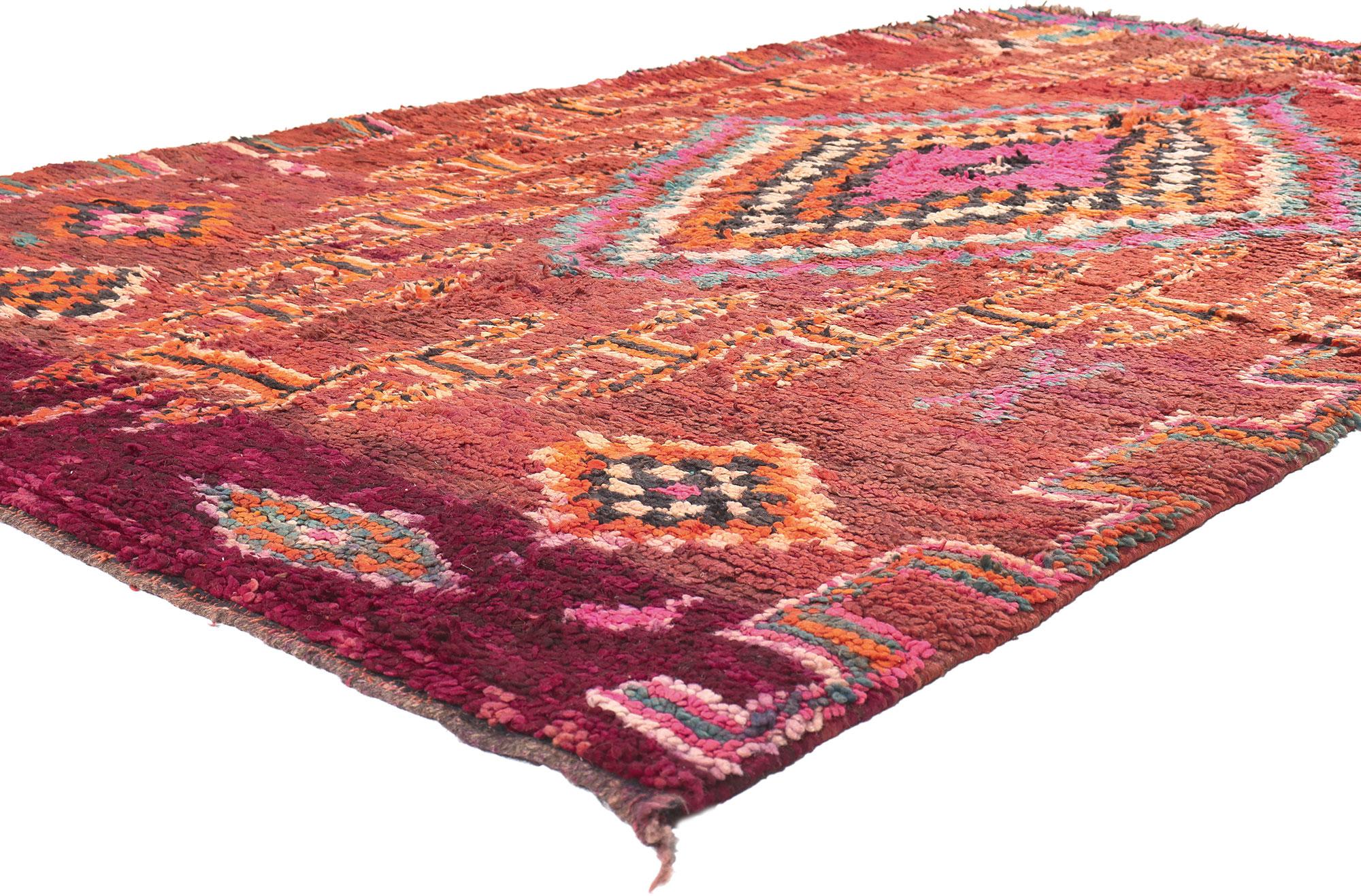 74774 Vintage Boujad Moroccan Rug, 05'08 x 09'01. 

Step into the enchanting realm of Boujad rugs, hailing from the lively city of Boujad in the Khouribga region, celebrated for its eccentric and artistic designs. This vintage Boujad Moroccan rug