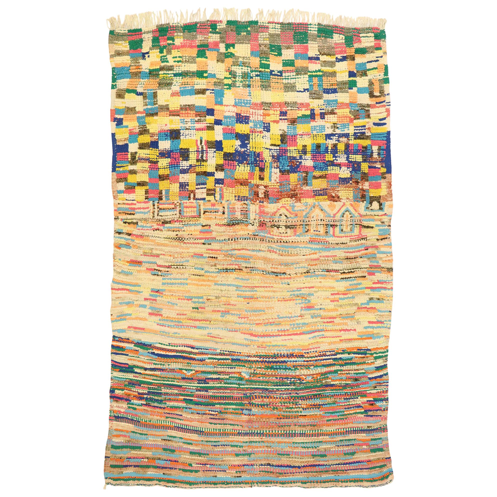 Tapis marocain vintage Boujad, le cubisme abstrait rencontre le bohème international