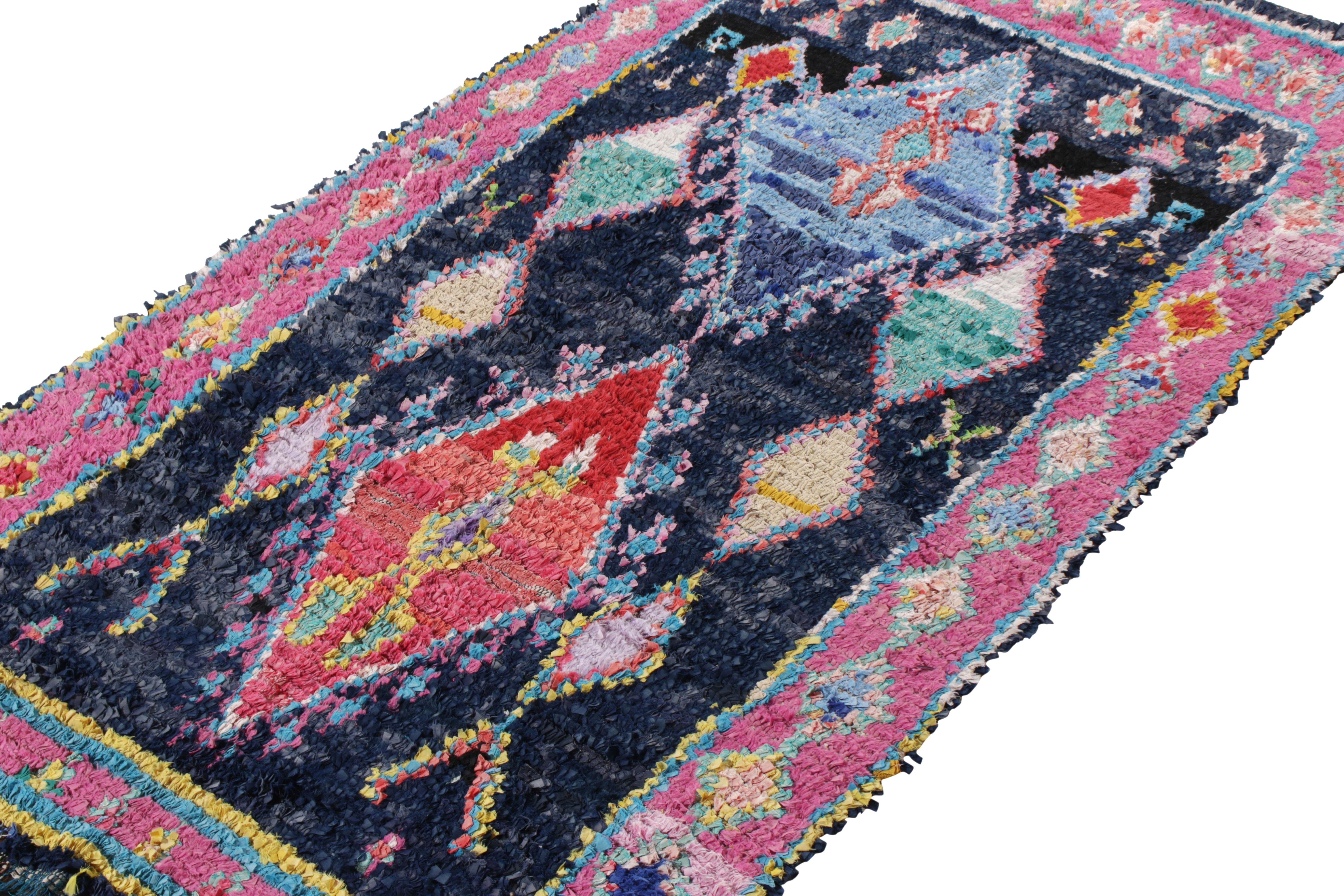 Tribal Vintage Berber Kilim in Blue, Pink Geometric Lozenge Pattern by Rug & Kilim For Sale