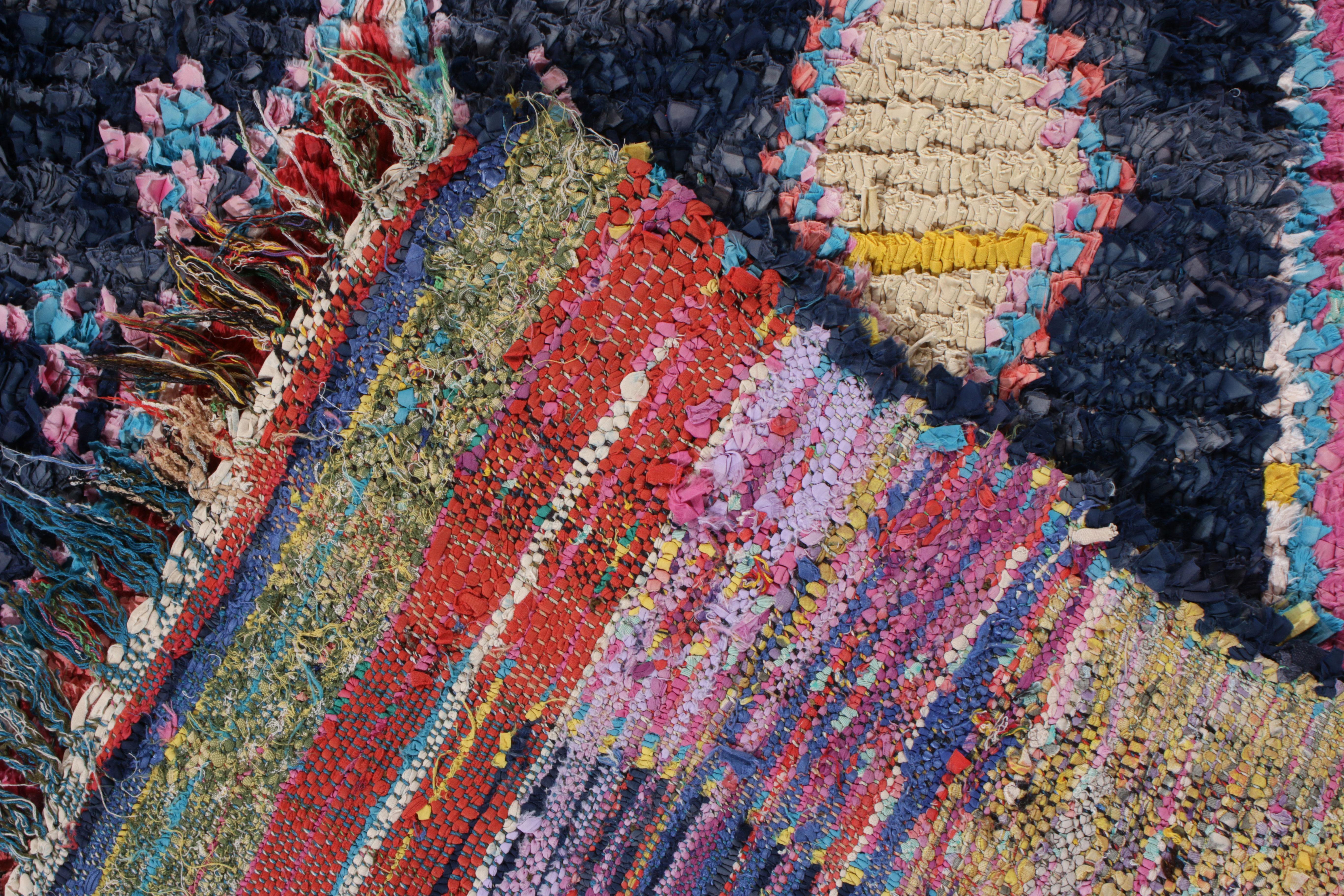Hand-Knotted Vintage Berber Kilim in Blue, Pink Geometric Lozenge Pattern by Rug & Kilim For Sale
