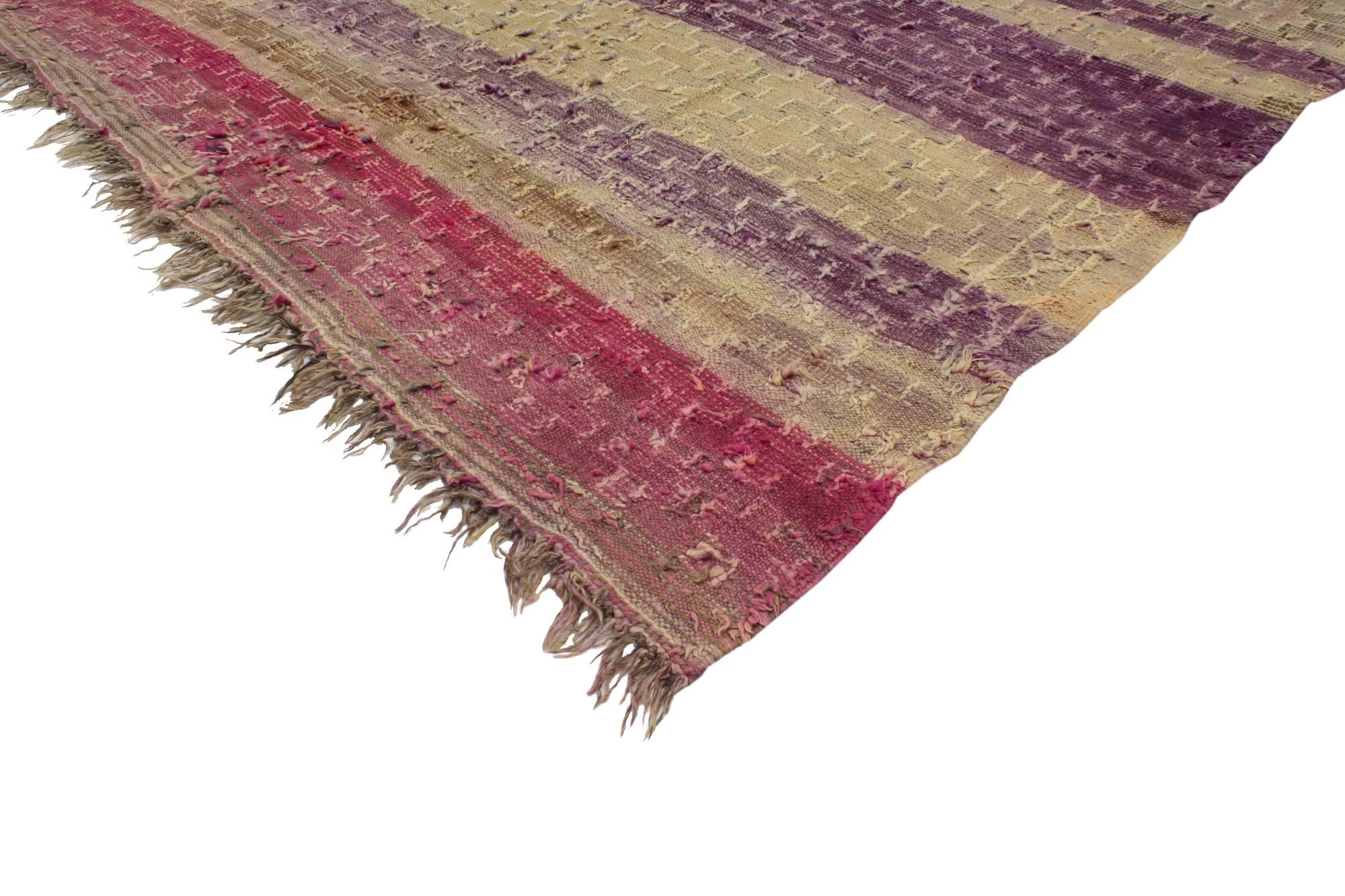 20361, Vintage Berber Moroccan Kilim Flatweave Rug with Boho Chic Tribal Style. A blend of lilac afterglow with earthy cirrus streaks come together to create imagery of a beautiful, breezy Moroccan night. The blend of the colors is erratic yet