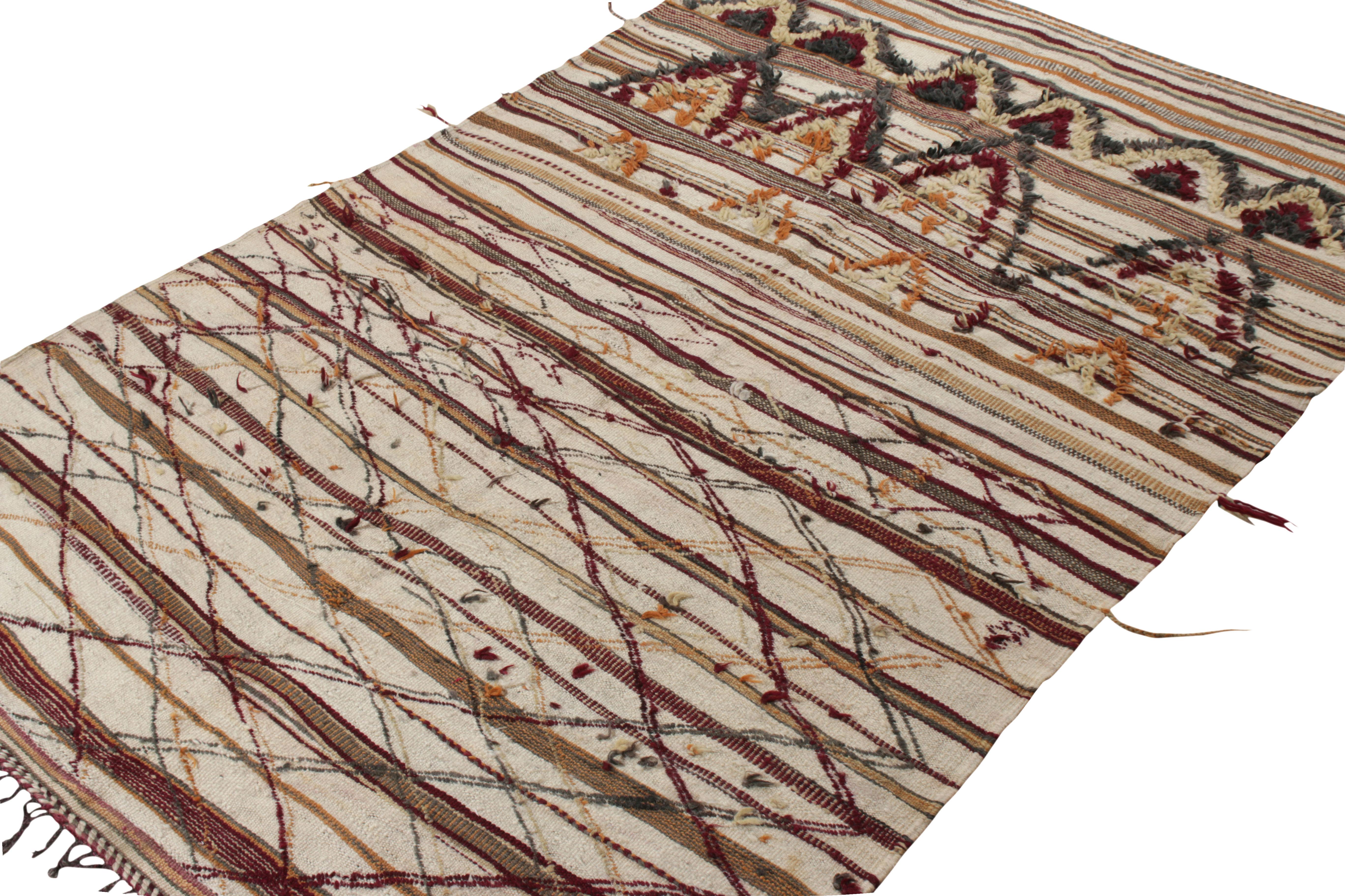 Tribal Vintage Berber rug in Beige-Brown, High-Low Geometric Pattern by Rug & Kilim For Sale