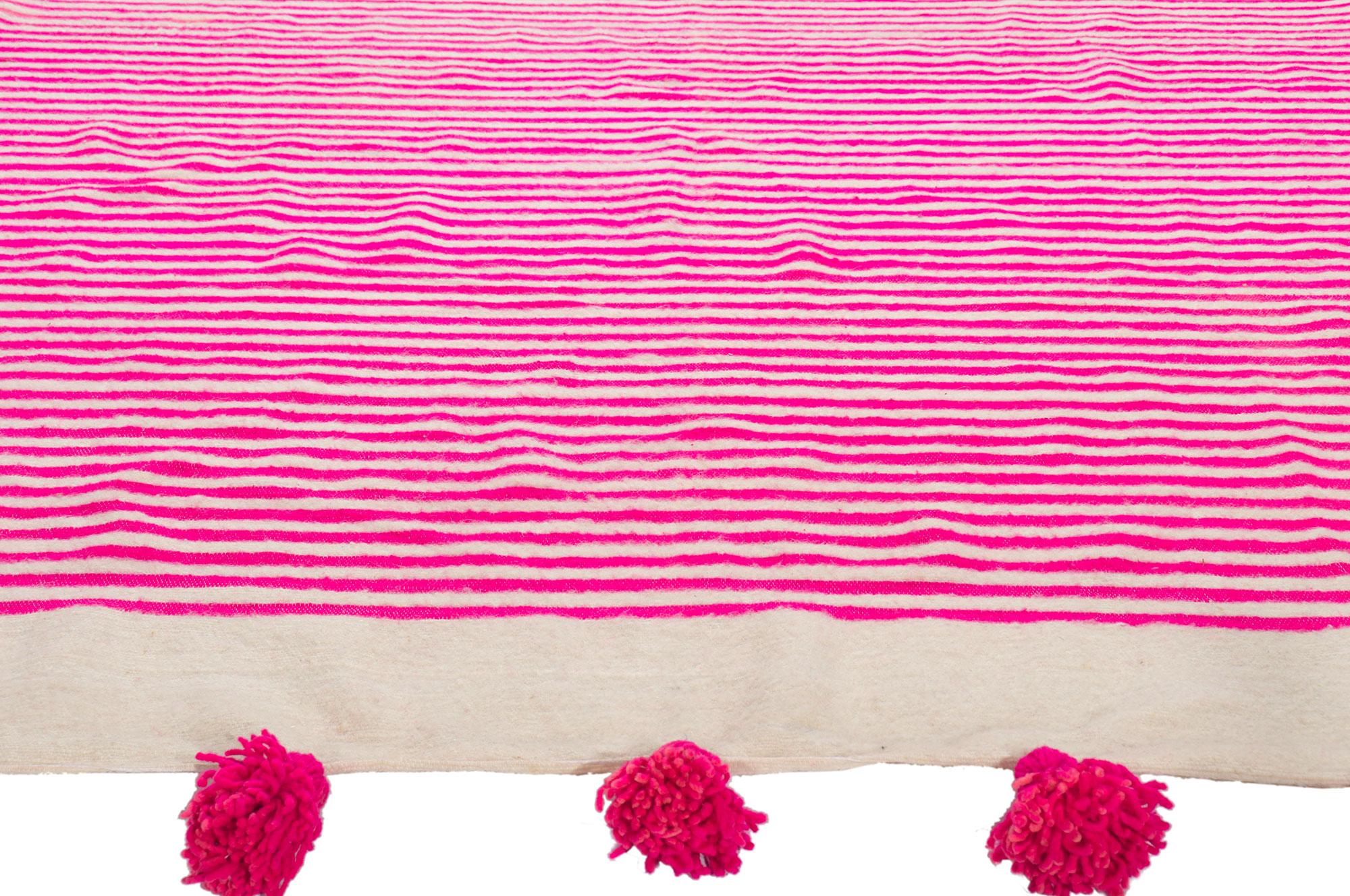 20th Century Vintage Berber Moroccan Kilim Rug with Hot Pink Stripes For Sale