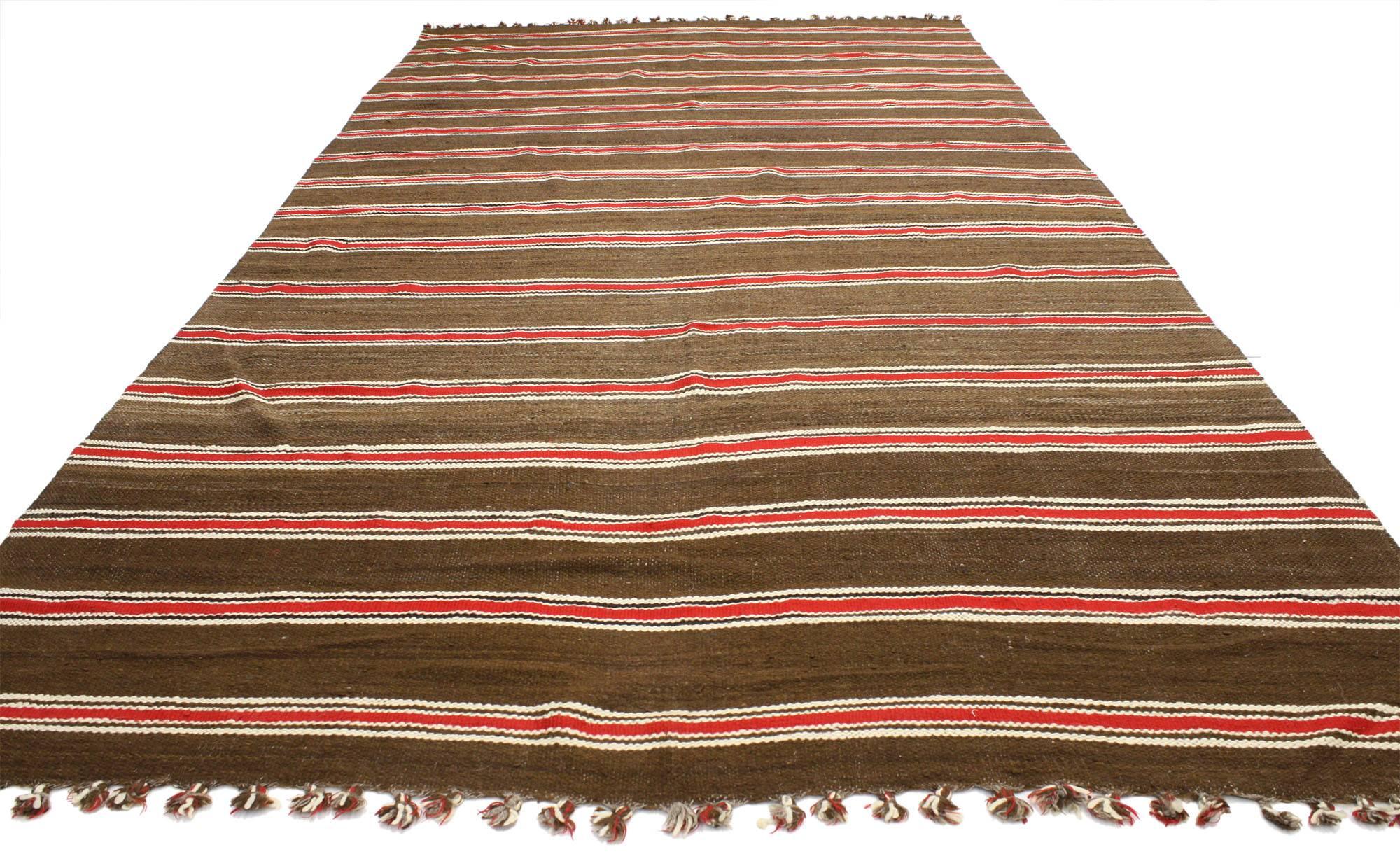 220553 Vintage Berber Moroccan Kilim rug with stripes and MCM style. This handwoven wool vintage Moroccan Kilim rug with stripes features a mid-century modern style. It is rendered in variegated shades of coffee, sienna, brown, scarlet red, ruby