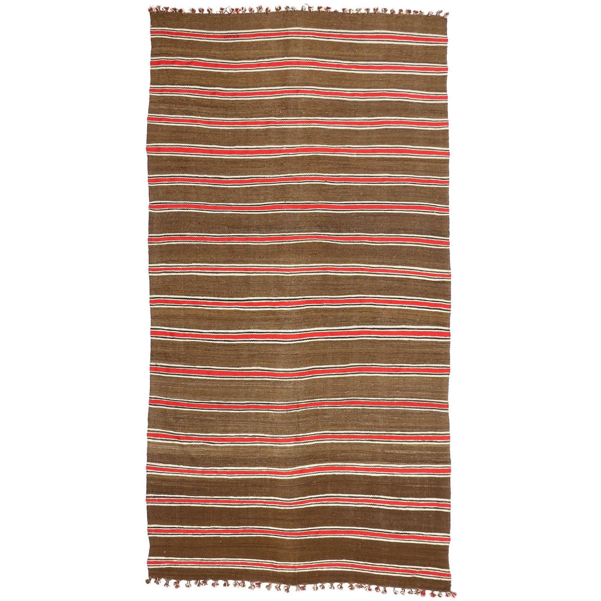 Vintage Berber Moroccan Kilim Striped Rug, Wide Hallway Runner with Stripes