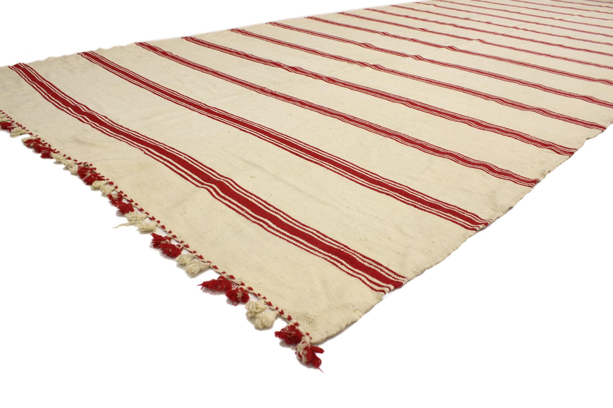 20563 Vintage Berber Moroccan Striped Kilim Rug with Nautical Style 06'06 x 17'06. With its simplicity, relaxed nautical style, and Breton stripe, this hand-woven wool vintage Berber Moroccan kilim rug is a captivating vision of woven beauty. The