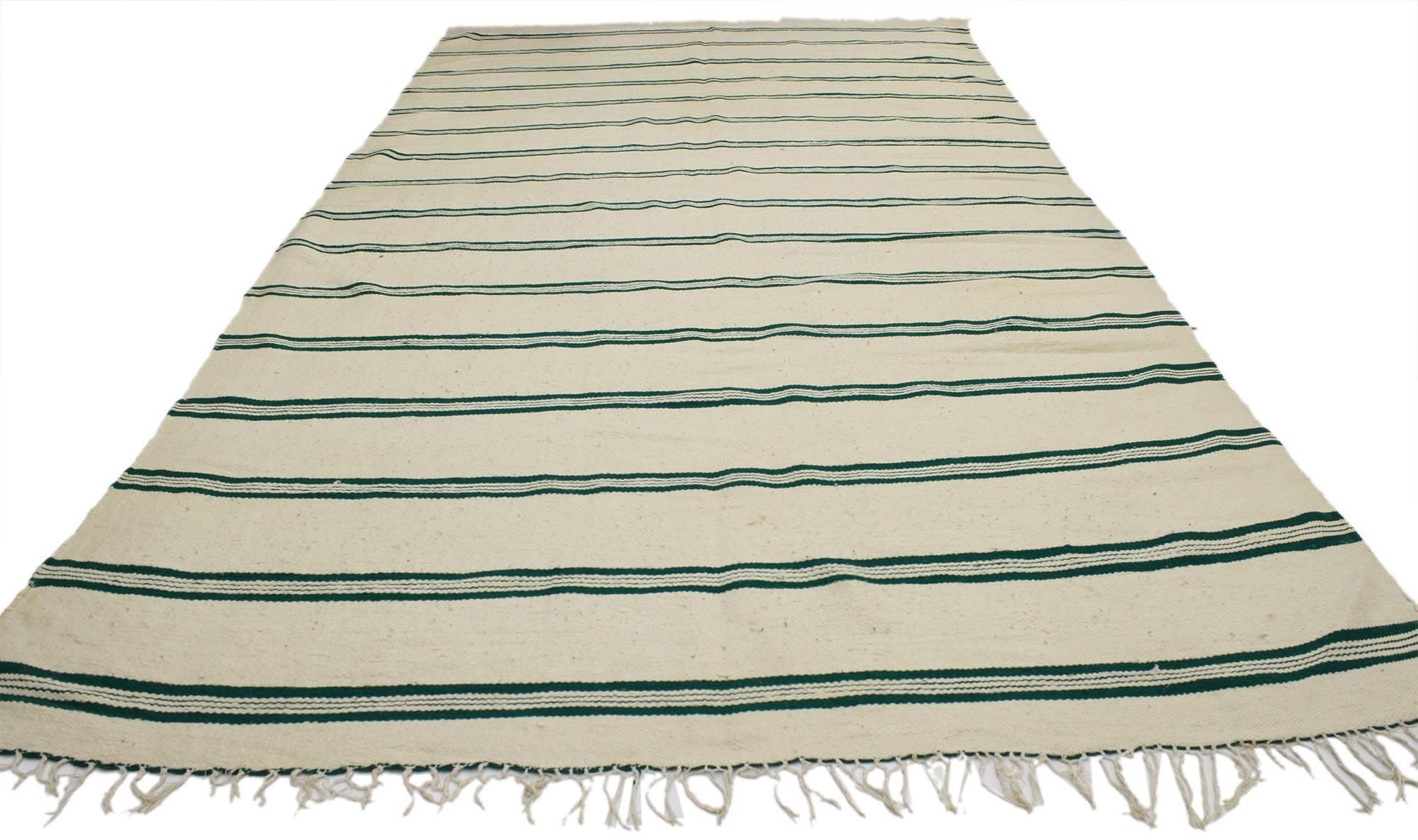 20554, Modern Striped Area Rug, Vintage Berber Moroccan Kilim Rug with Stripes 05'04 x 11'02. This handwoven wool Vintage Berber Moroccan Kilim rug with stripes is rendered in variegated shades of creamy beige and dark green. Kilims are not only