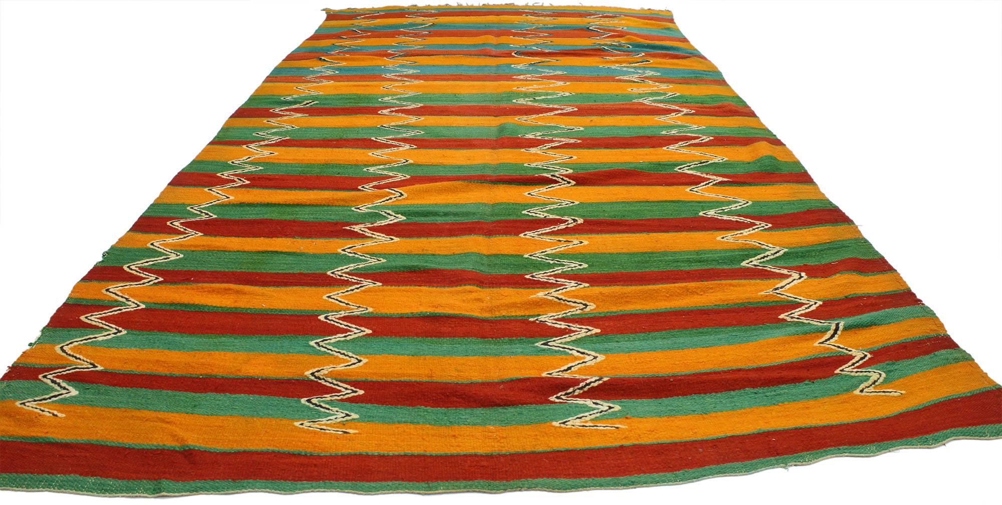 Hand-Woven Vintage Berber Moroccan Striped Kilim Rug with Raised Design For Sale