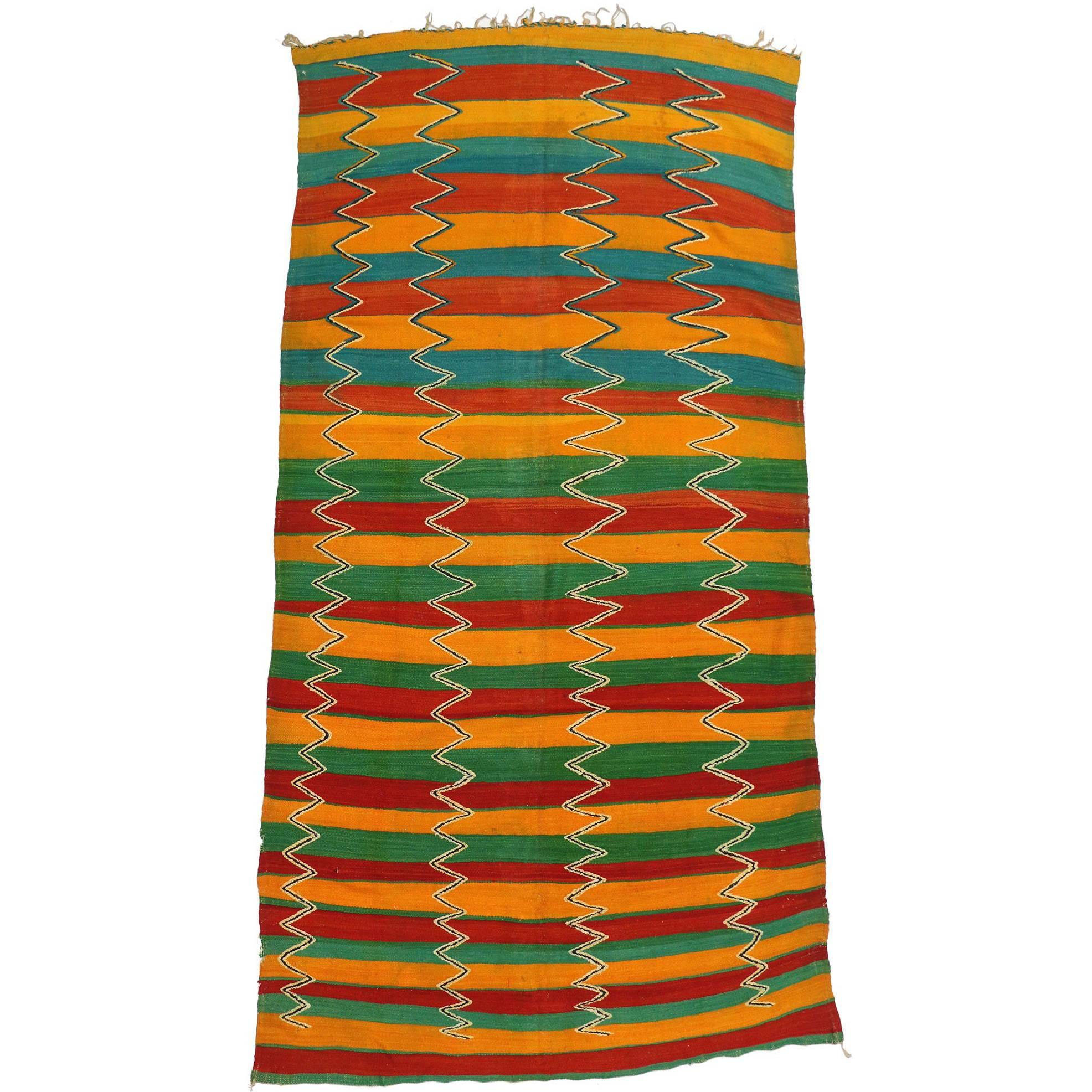 Tapis Kilim berbère marocain vintage à rayures avec motif surélevé