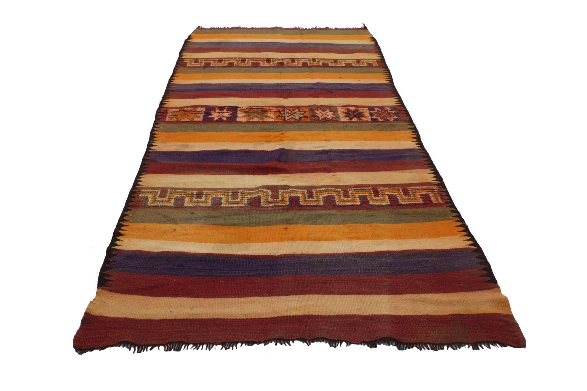 Post-Modern Vintage Berber Moroccan Kilim Rug with Modern Cabin Style, Flat-weave Kilim Rug For Sale