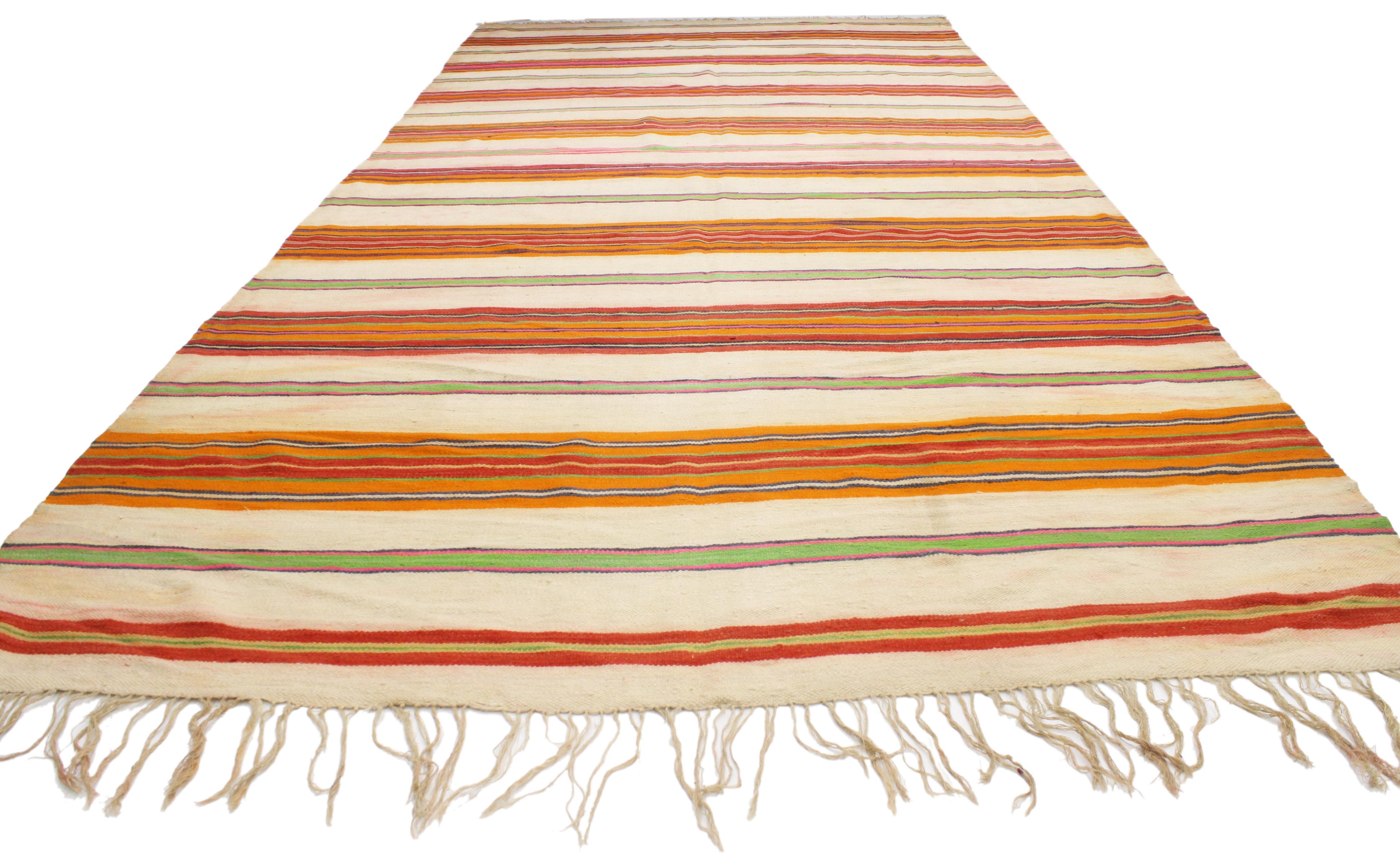 Vintage Berber Moroccan Striped Kilim Rug with Tribal Boho Chic Style For Sale 1