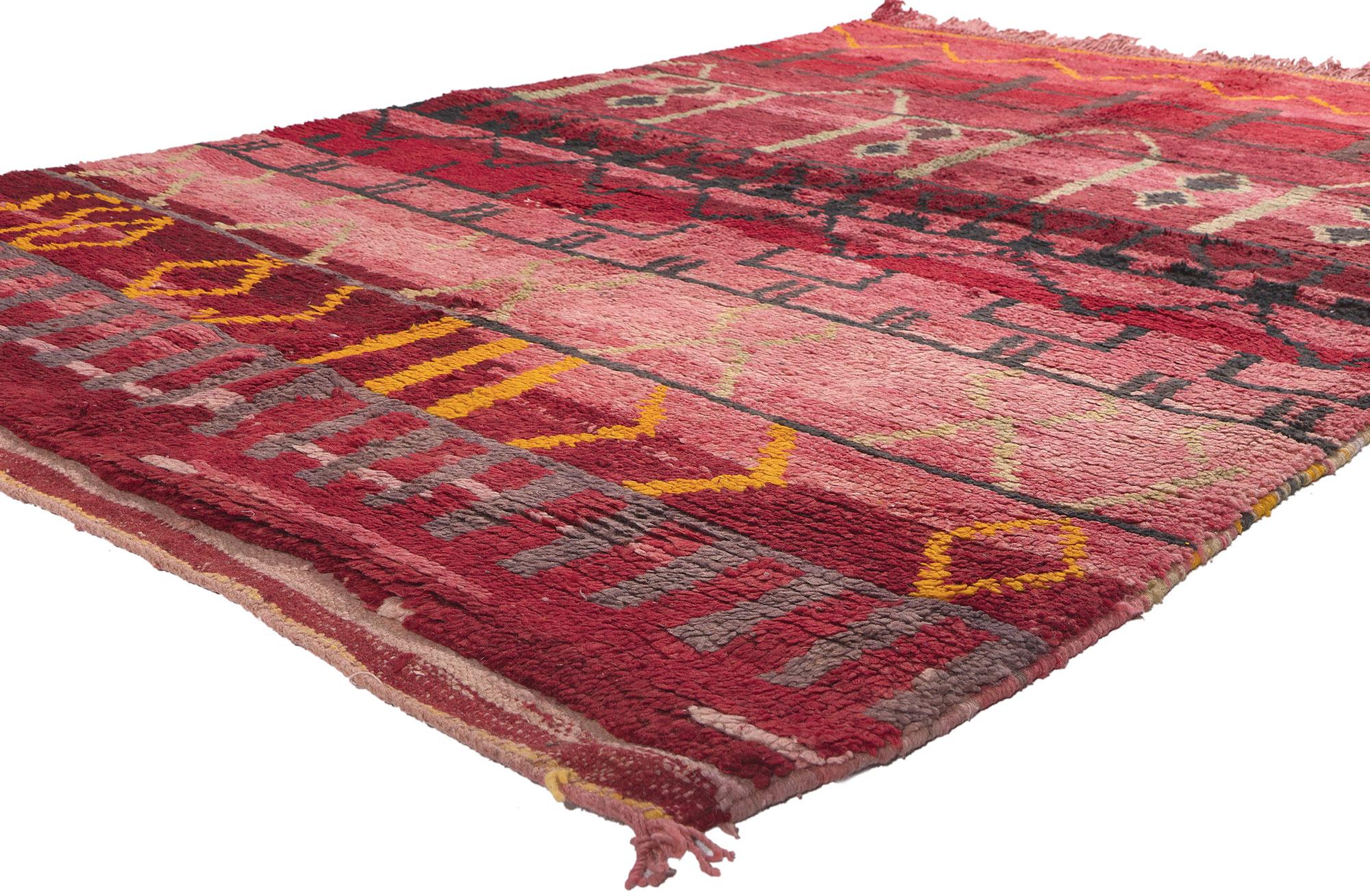 20288 Vintage Rehamna Moroccan Rug, 05'03 x 07'08. From the sun-drenched plains of Rehamna east of Marrakech emerges a woven wonder that defies expectations with its rich and eclectic designs. Immersed in a Maximalist aesthetic, this hand-knotted