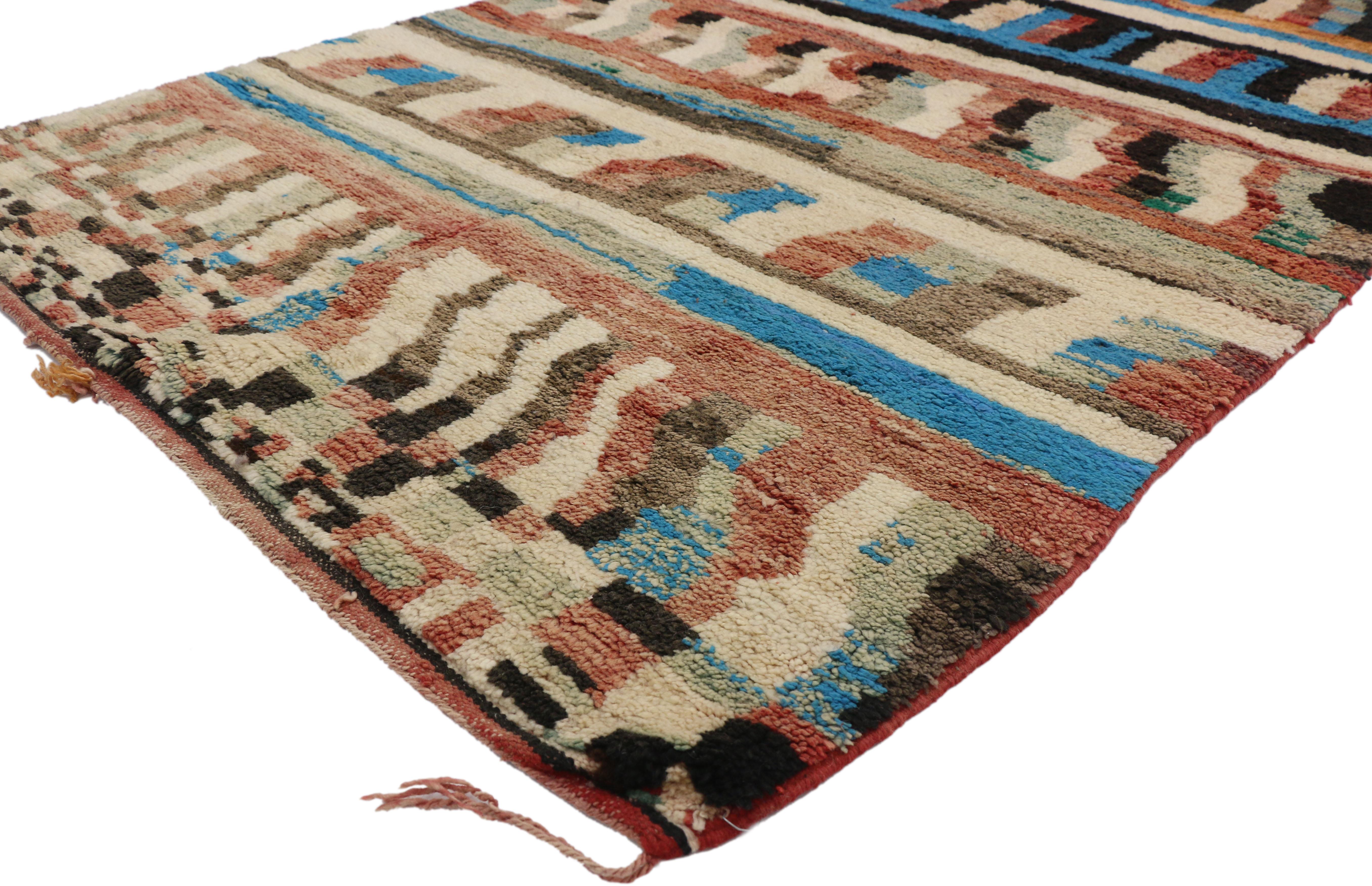 20076 Vintage Boujad Moroccan Rug, 05'02 x 08'04. Boujad rugs originate from the Khouribga region nestled in the Middle Atlas Mountains of Morocco. Handwoven by Berber tribes, notably the Haouz and Rehamna, these carpets boast vibrant colors,