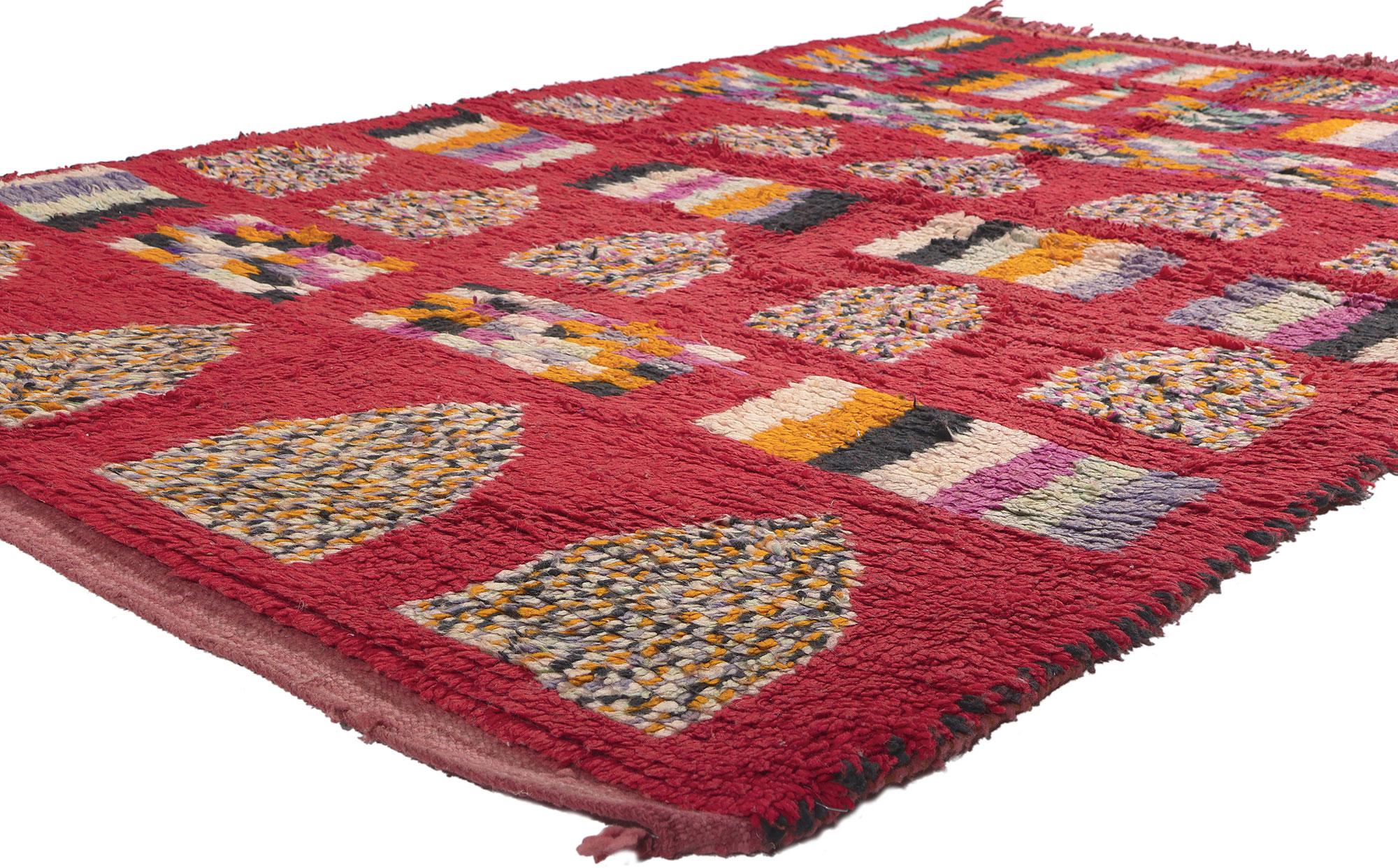 20289 Vintage Red Rehamna Moroccan Rug, 05'04 x 08'03. From the sun-drenched plains of Rehamna east of Marrakech emerges a rug that defies expectations with its rich and eclectic designs. Immersed in a Maximalist aesthetic, this hand-knotted wool
