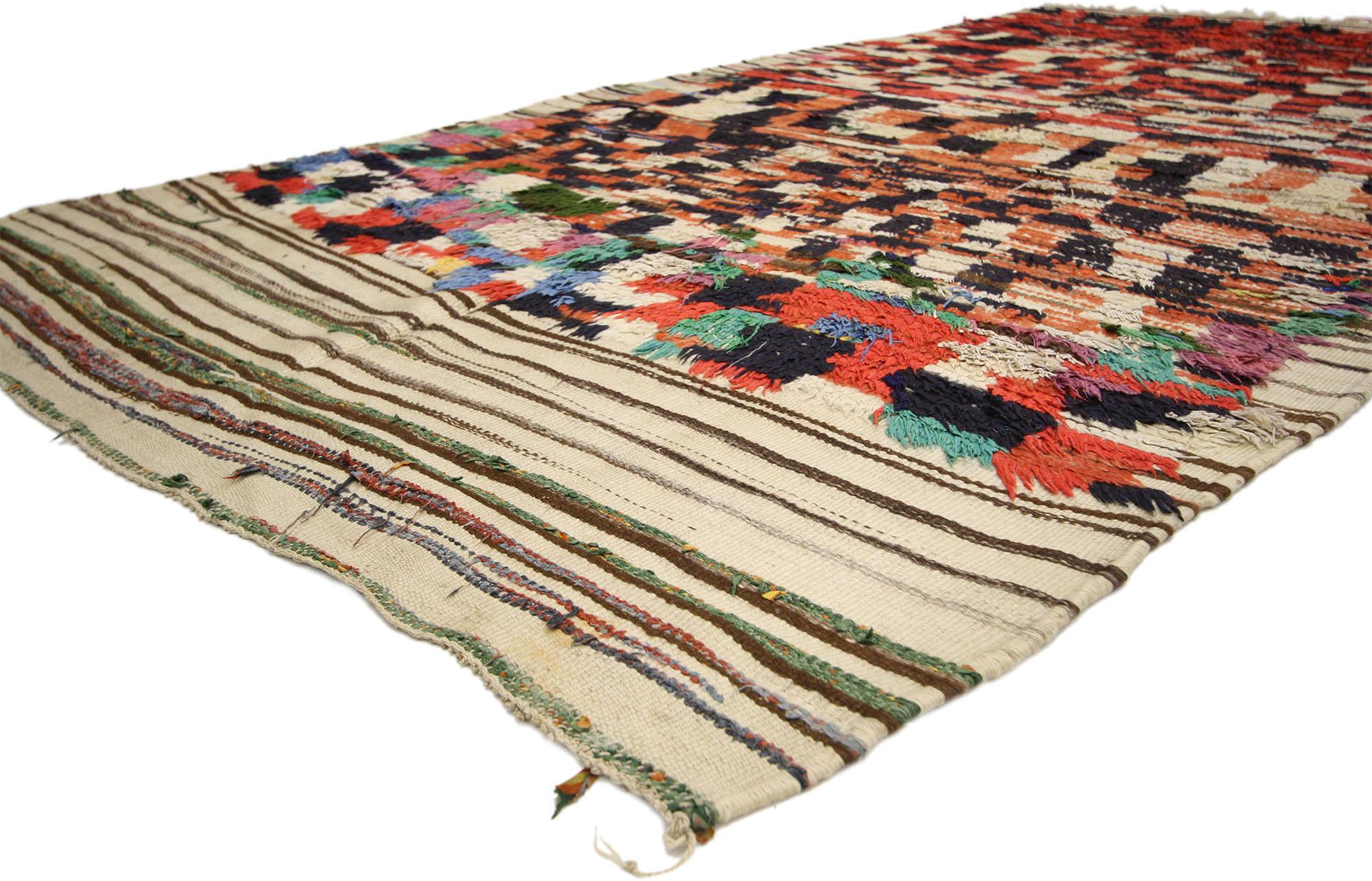  74792 Vintage Berber Moroccan Rehamna rug with tribal style. Abstract square blocks of color combined with the vibrant color palette form a cohesive composition. This vintage Berber Moroccan rug features an all-over geometric pattern of irregular