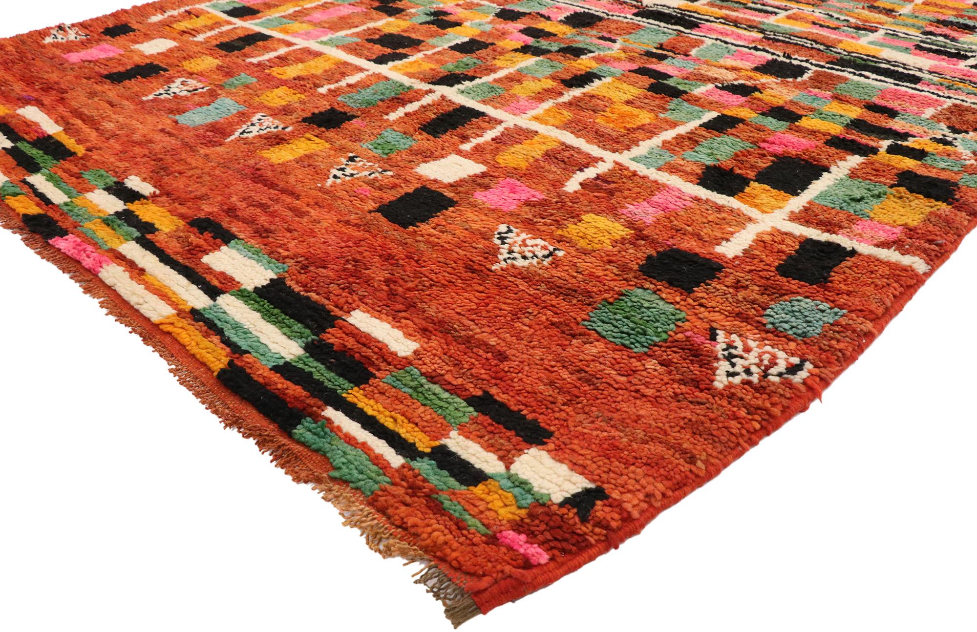 74813 Vintage Boujad Moroccan Rug, 05'01 x 08'00. Immerse yourself in the vibrant essence emanating from Boujad rugs, originating from the bustling streets of Boujad in the Khouribga region. Crafted with skillful precision by Berber tribes, notably