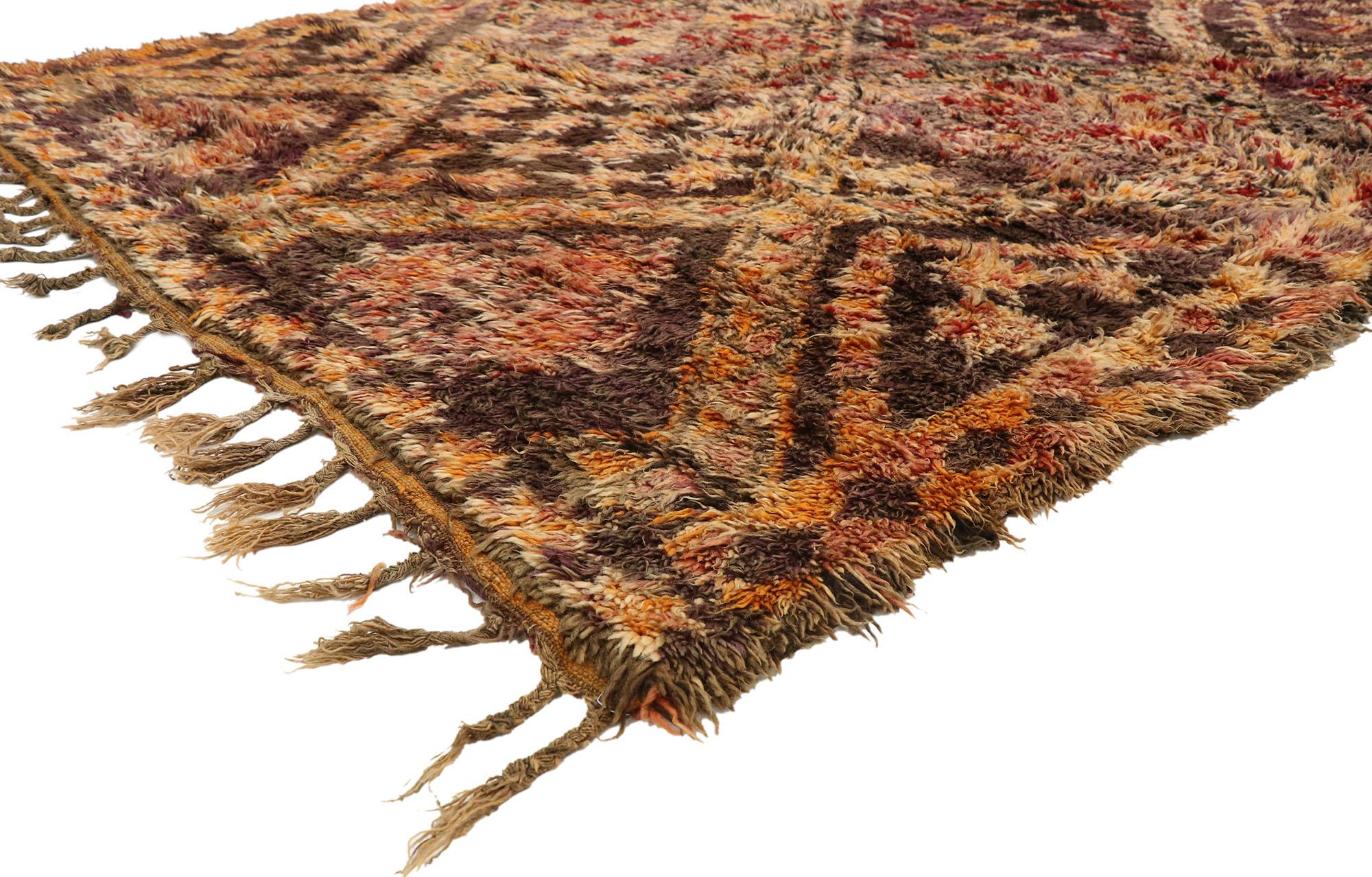 21018, vintage Berber Moroccan rug, brown Zayane carpet with Mid-Century Modern style. This hand knotted wool vintage Zayane Moroccan rug features a lozenge trellis composed of concentric diamonds, cross motifs, arrows, and burdock symbols, which