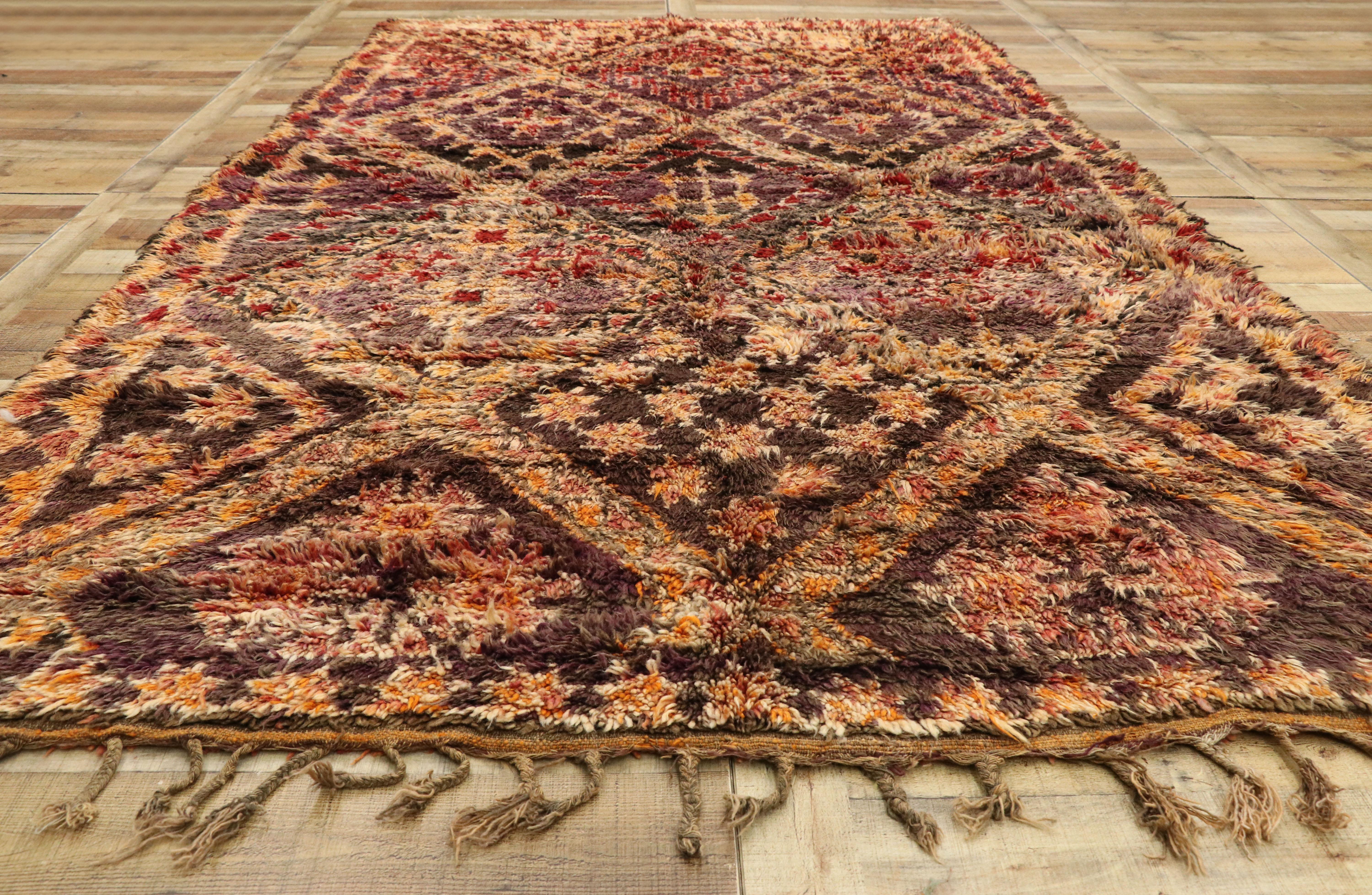 Wool Vintage Berber Moroccan Rug, Brown Zayane Carpet with Mid-Century Modern Style