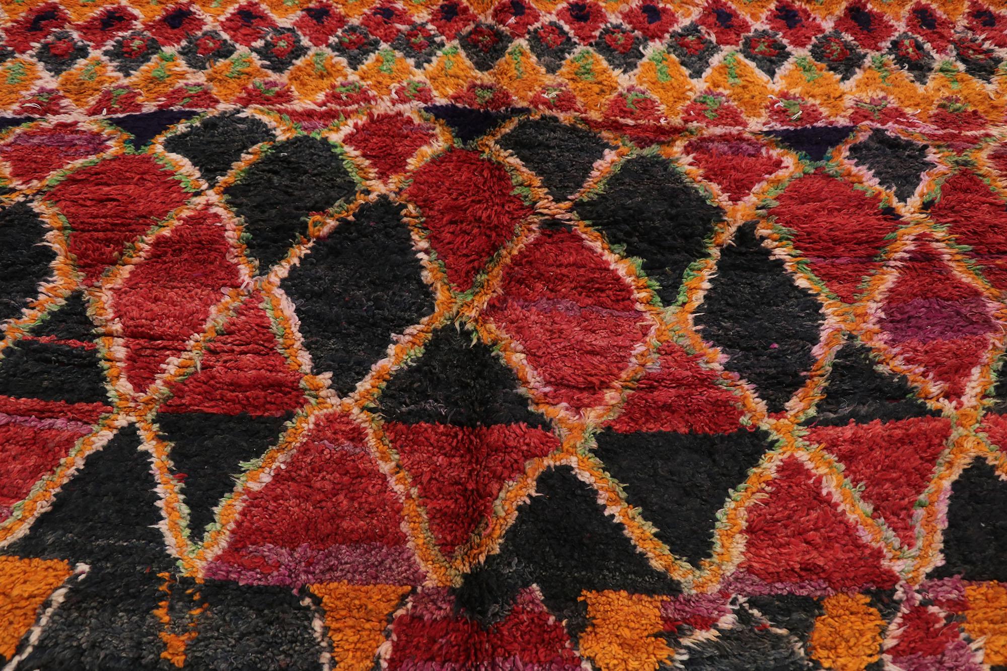 Hand-Knotted Vintage Berber Moroccan Rug, Colorfully Curated Meets Boho Chic For Sale