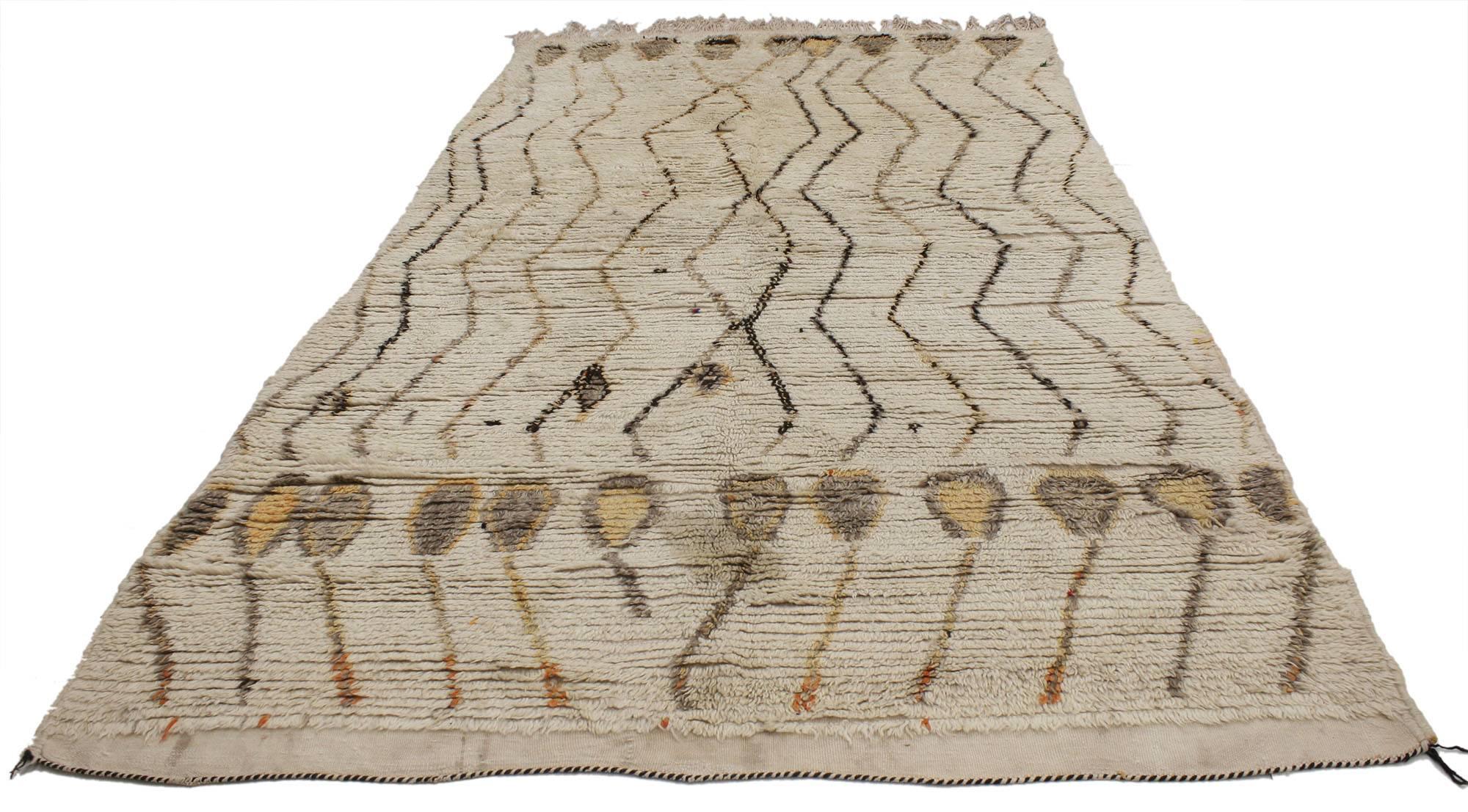 20571, Vintage Berber Moroccan Rug, Neutral Color Moroccan Rug. A creamy-beige oatmeal color provides a beautiful backdrop for the variegated shades of brown tribal design featured on this Vintage Berber Moroccan rug. More than the asymmetrical