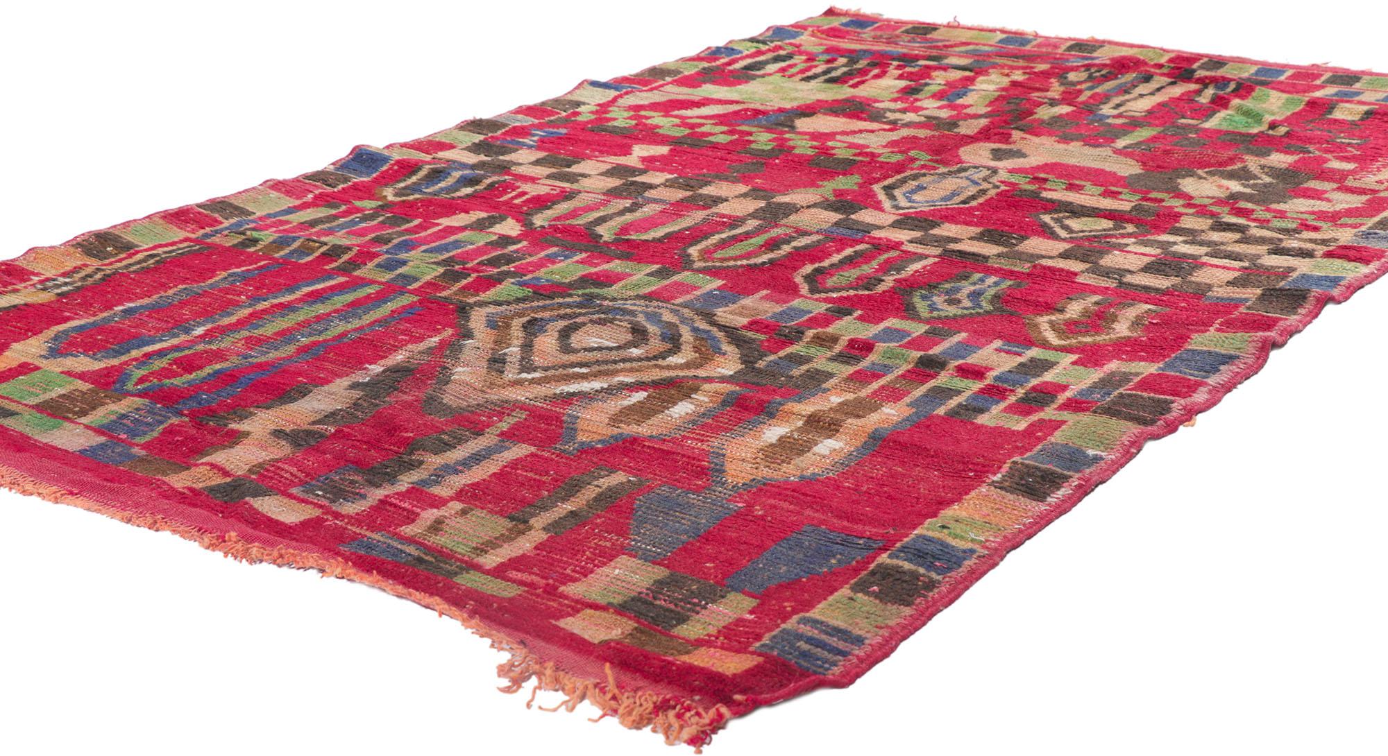 21494 Vintage Moroccan rug, 03'09 x 05'08. Showcasing an expressive design, incredible detail and texture, this hand knotted wool vintage Berber Moroccan rug is a captivating vision of woven beauty. The bold geometric pattern and vibrant colors