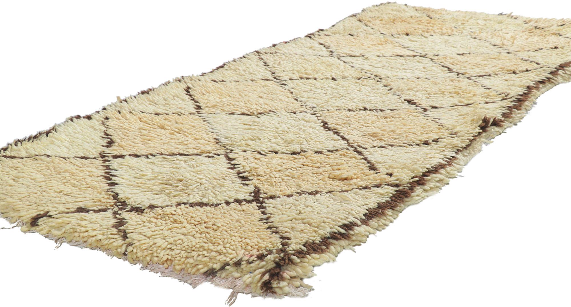 21639 vintage Berber Moroccan rug with Modern Bohemian style 02'06 x 06'02. With its simplicity, incredible detail and texture, this hand knotted wool vintage Berber Moroccan rug is a captivating vision of woven beauty. Though deceptively simple,