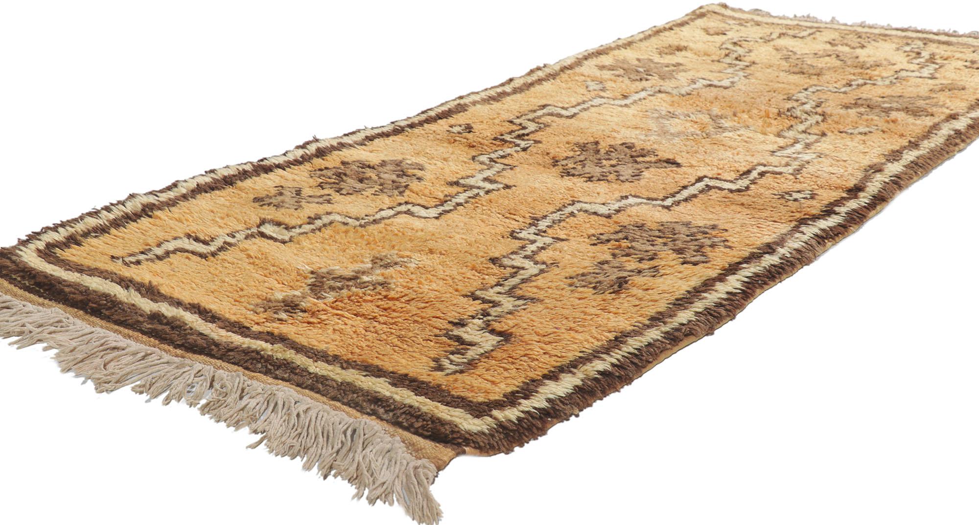 21627 Vintage Berber Moroccan Rug, 02'05 x 06'02.
Cheerful and beguiling with ambiguous Berber symbols, this hand-knotted wool vintage Moroccan rug is a beautiful cultural artifact of the 1970s beautifully highlighting tribal elements and bold form