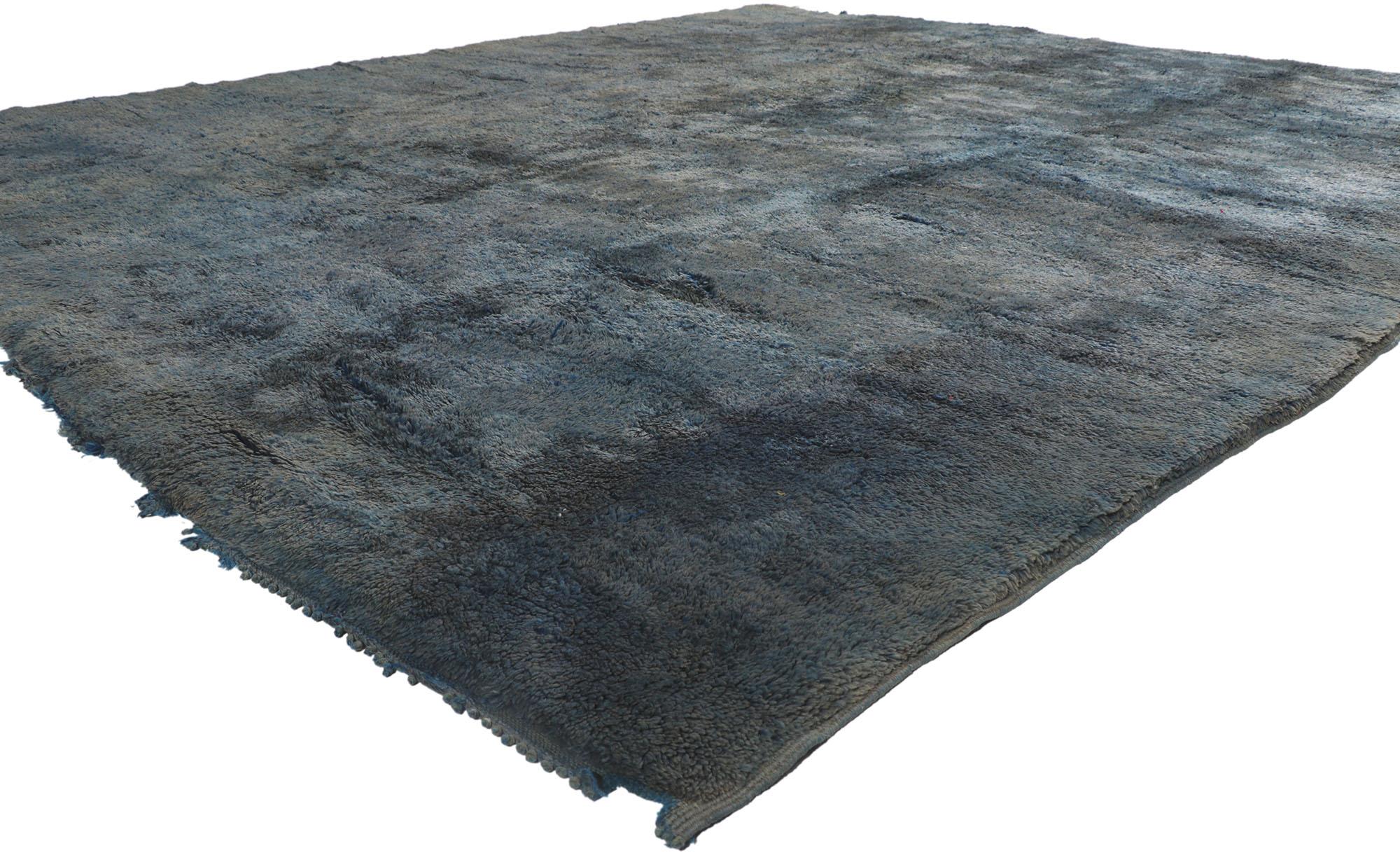 21467 Vintage Berber Moroccan Rug 09'06 x 10'08. With its simplicity, plush pile and abstract expressionism, this hand knotted wool vintage Berber Moroccan rug is a captivating vision of woven beauty. Natural abrash gradations of dark and moody