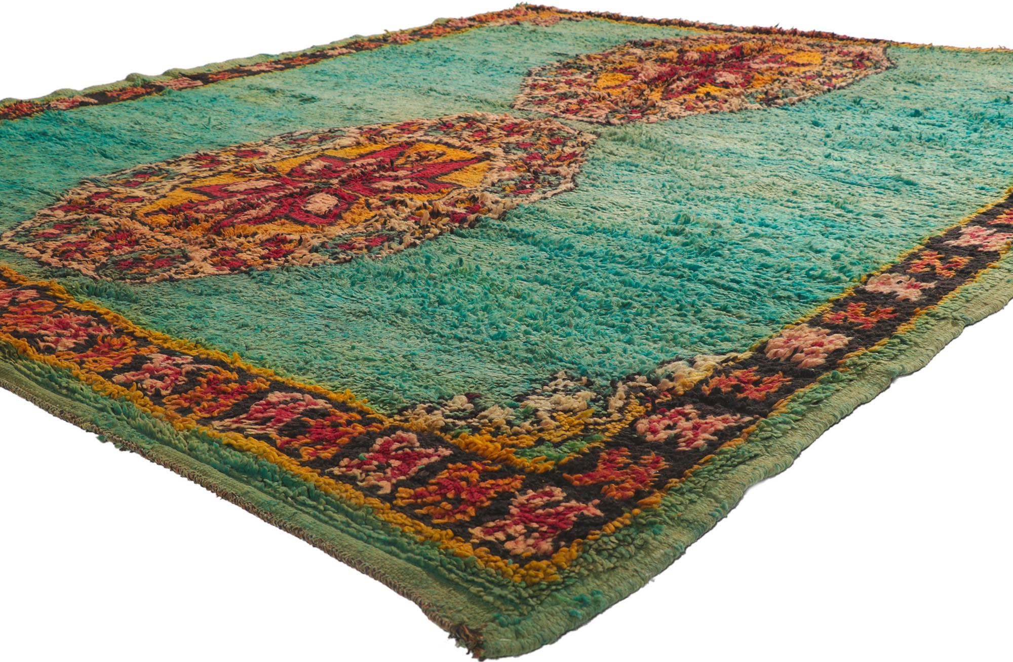 21261 Vintage Berber Moroccan Rug, 06'08 x 08'06. Rendered in variegated shades of f aqua, red, orange, teal, amber, ruby red, turquoise, peach, verdigris, ochre, charcoal, and raspberry red with other accent colors. 
Berber Tribes of