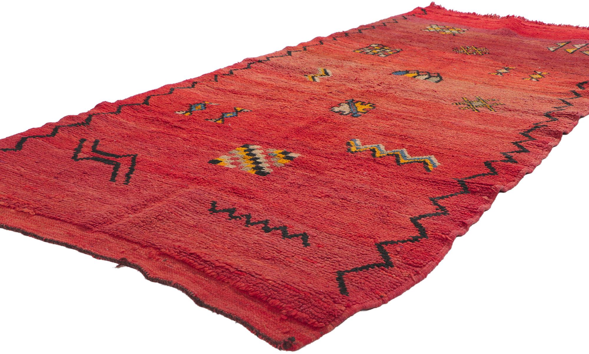 78404 Vintage Red Boujad Moroccan Rug, 03'04 x 07'03. Boujad rugs, hailing from Morocco's Boujad region, are exquisite handwoven masterpieces that celebrate the vibrant artistic legacy of Berber tribes, particularly the Haouz and Rehamna. Bursting