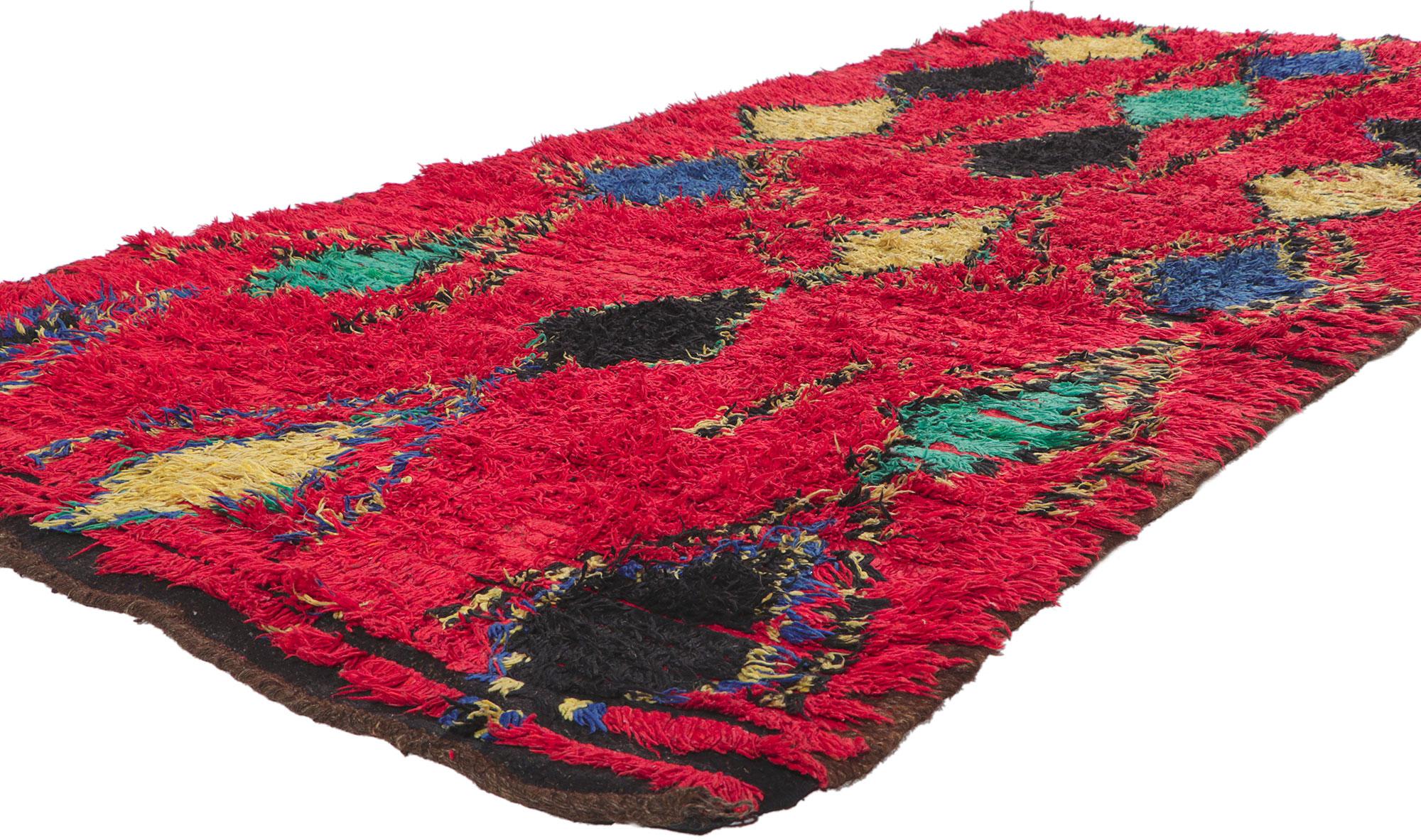 78386 Vintage Moroccan rug, 04'08 x 10'02. With its nomadic charm, incredible detail and texture, this hand knotted wool vintage Moroccan rug is a captivating vision of woven beauty. The eye-catching diamond pattern and energetic colors woven into