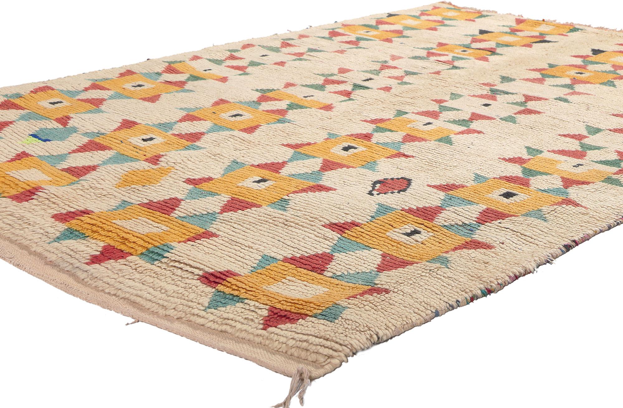20009 Vintage Moroccan Azilal Rug, 04'07 x 07'00.  Embark n a mystical journey with this hand-knotted wool vintage Moroccan Azilal rug, hailing from the serene landscapes of the High Atlas Mountains. A magical carpet ride awaits as you explore the