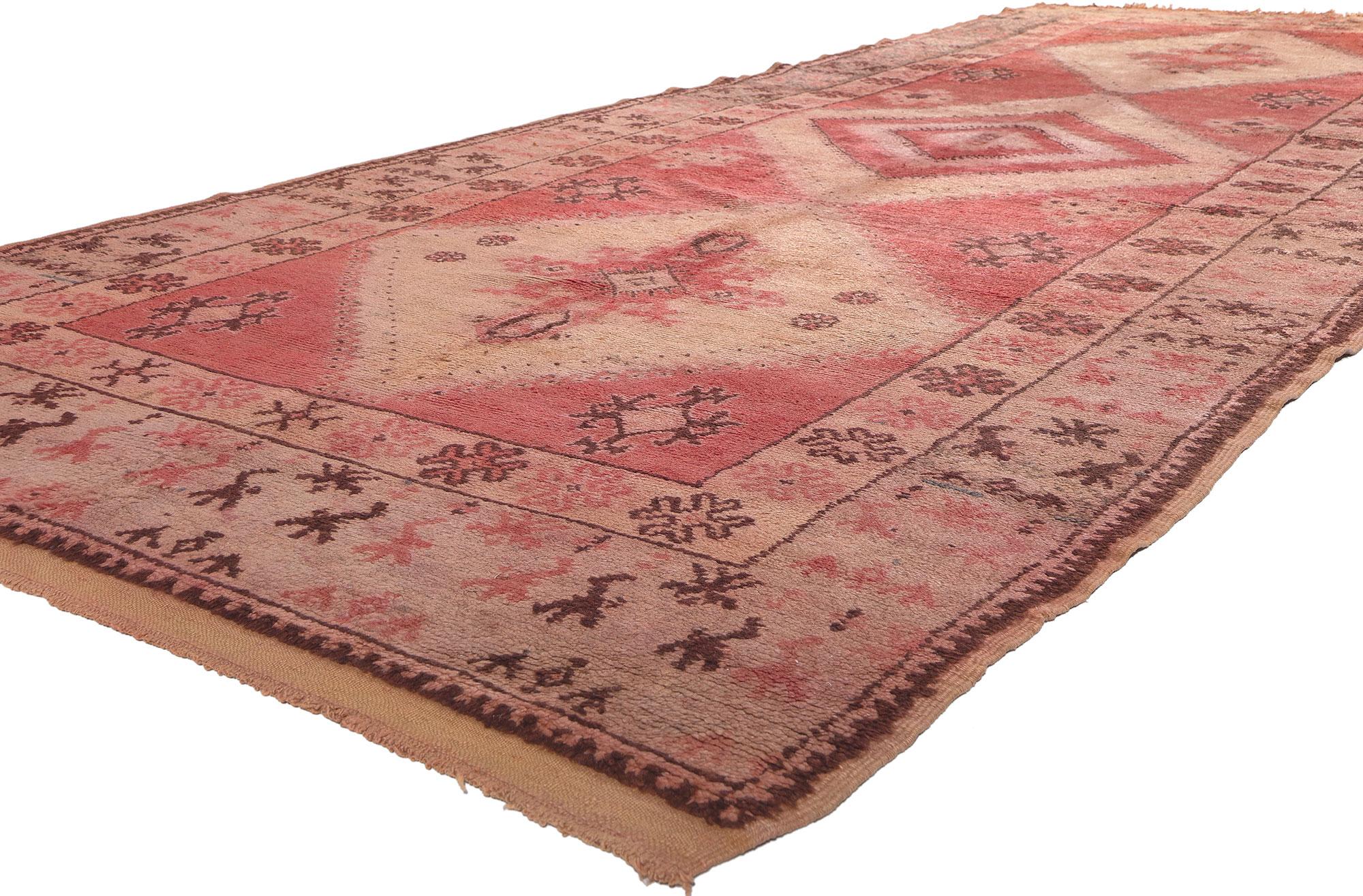20194 Vintage Talsint Moroccan Rug, 05'07 x 14'02. Boho Jungalow meets nomadic charm in this hand-knotted wool vintage Talsint Moroccan rug. The abrashed red field features three stepped lozenge medallions. The center lozenge is adorned with