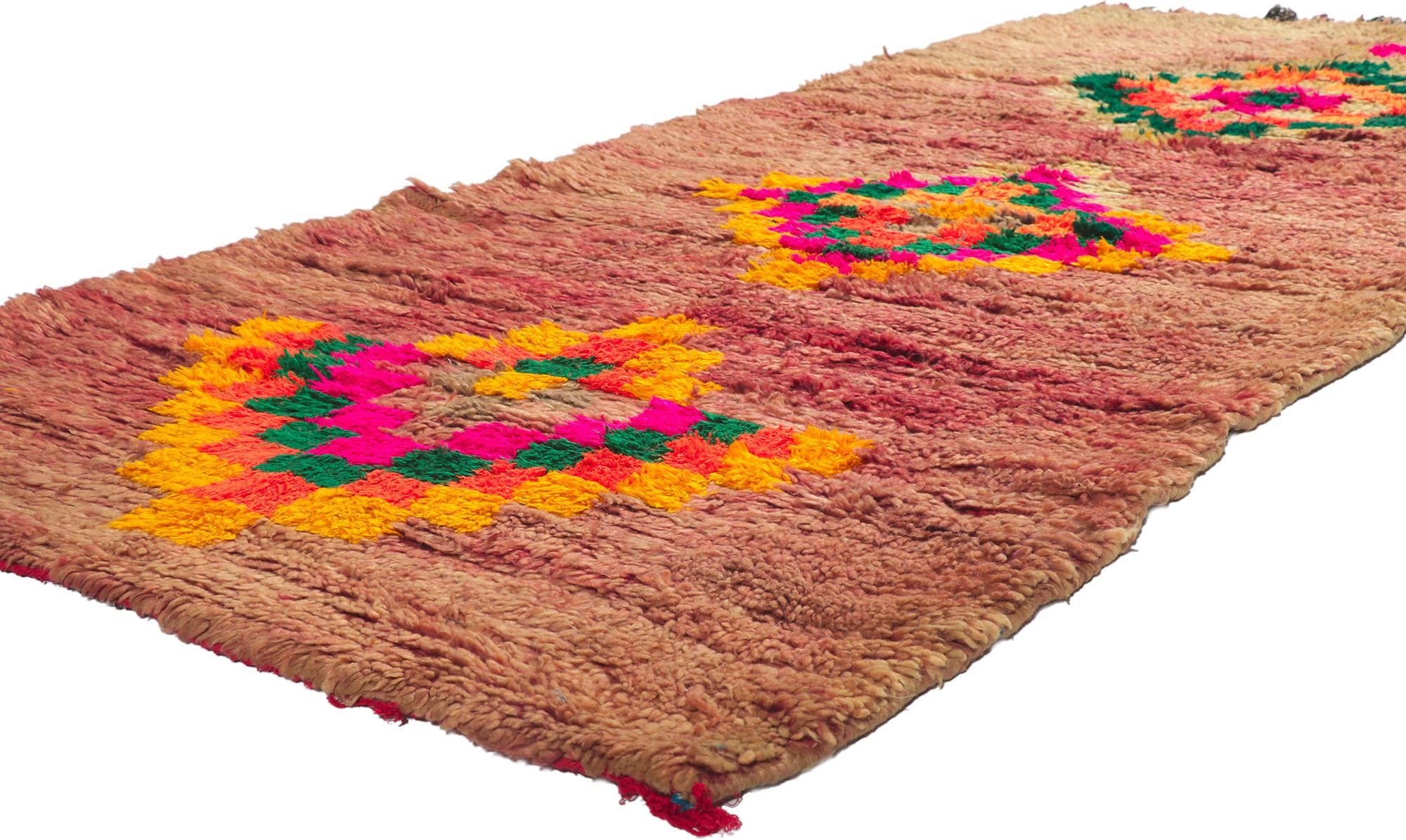 21439 Vintage Moroccan Rug, 04'02 x 08'08.
Gypset chic meets boho glam in this hand knotted wool vintage Moroccan rug. The ambiguous tribal design and bold colors woven into this piece work together creating a happy state of equilibrium. The