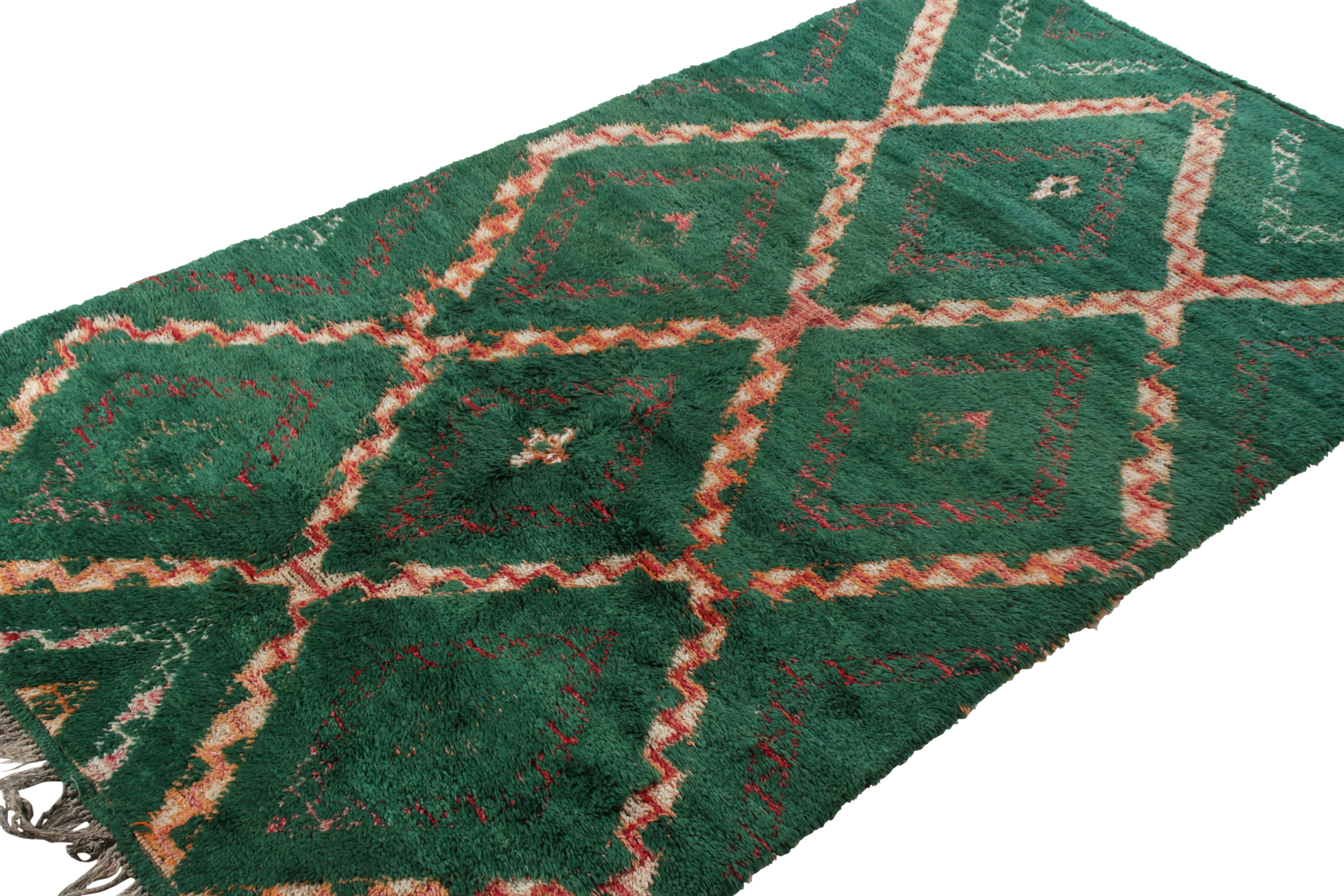 Tribal Vintage Berber Moroccan Rug in Green, Orange Geometric Pattern