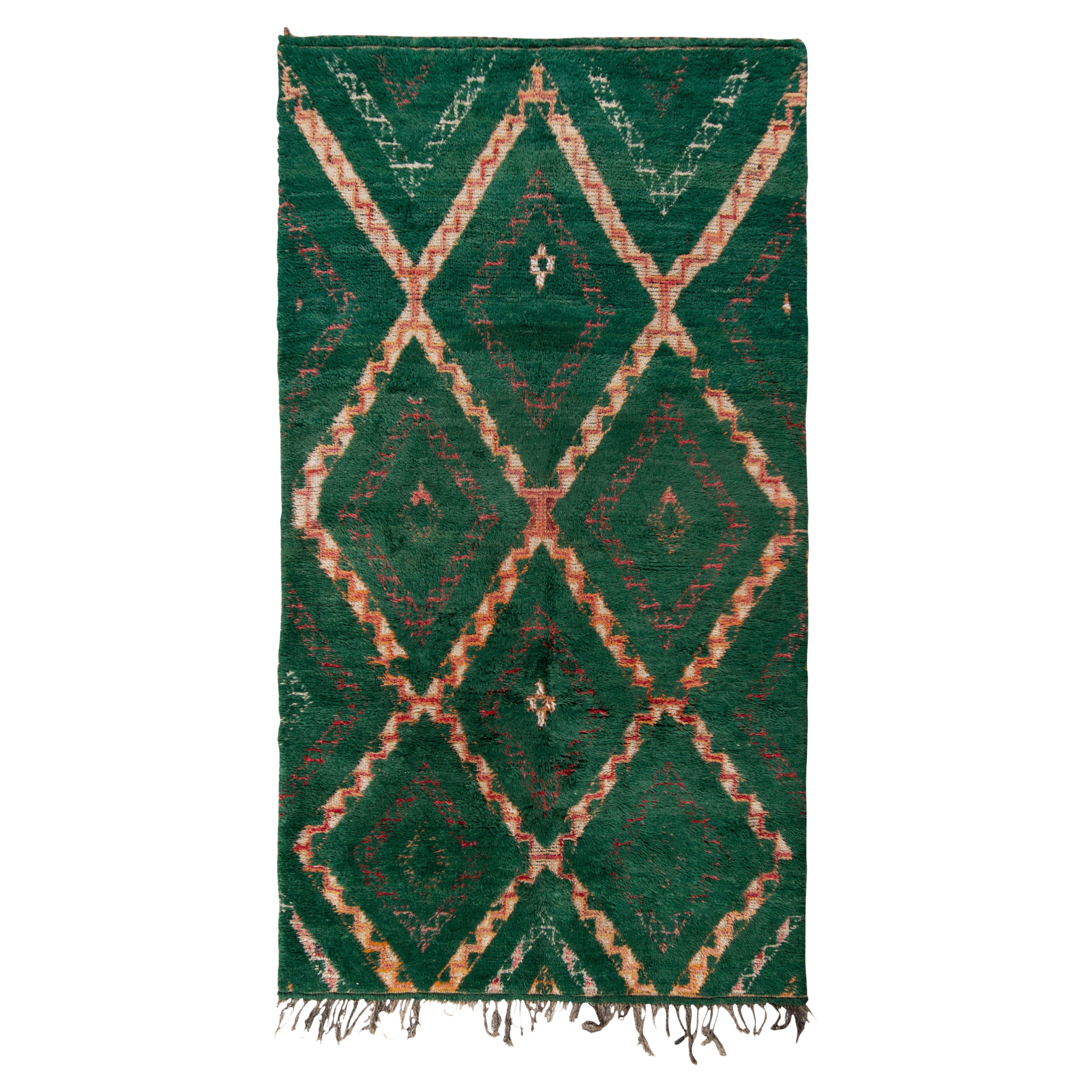 Vintage Berber Moroccan Rug in Green, Orange Geometric Pattern