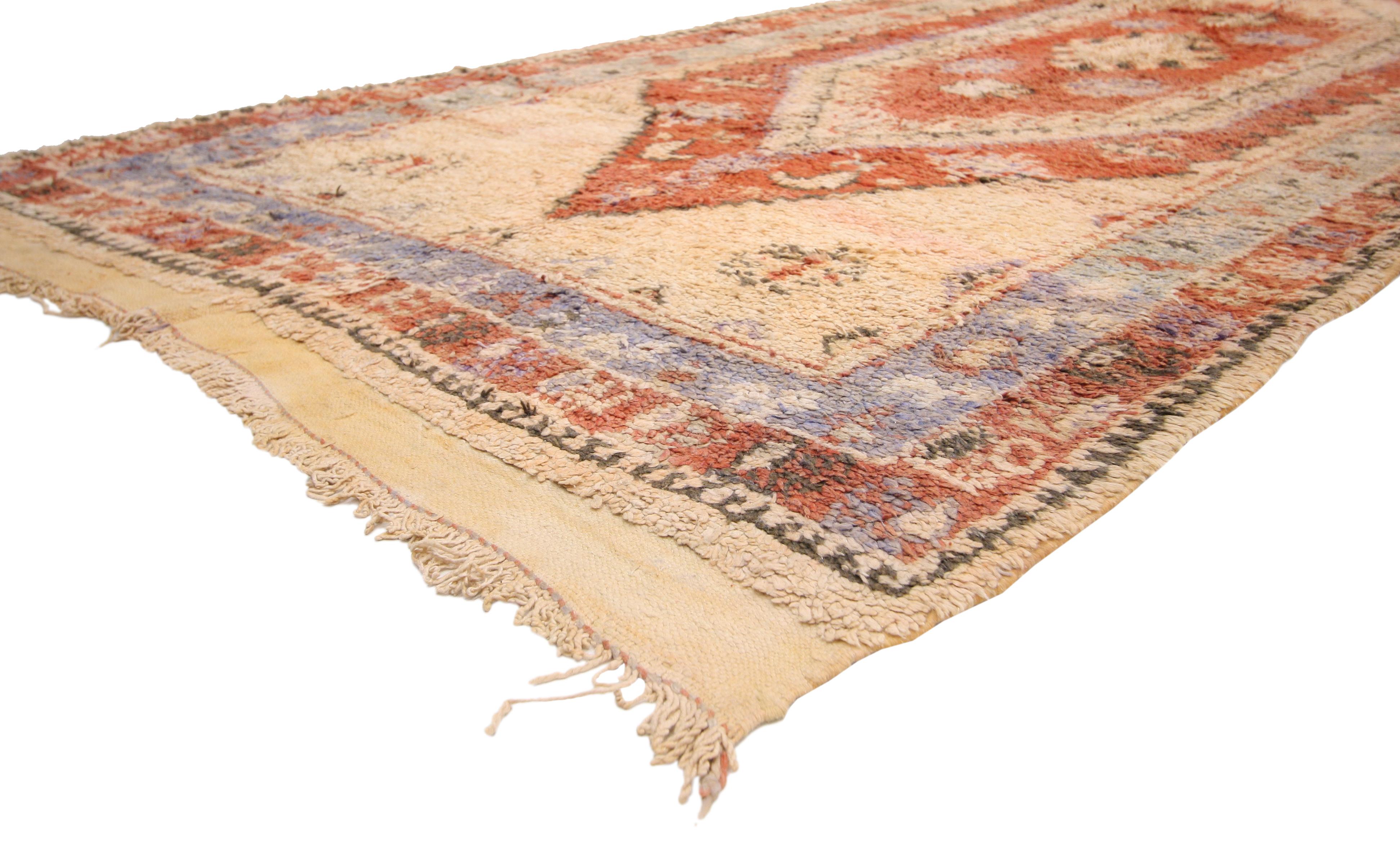 20034 Vintage Boujad Moroccan Rug 05'02 x 11'03. Embrace the lively essence of Boujad rugs, born from the vibrant city of Boujad in the Khouribga region. Skillfully crafted by Berber tribes, notably the Haouz and Rehamna, these rugs embody tradition